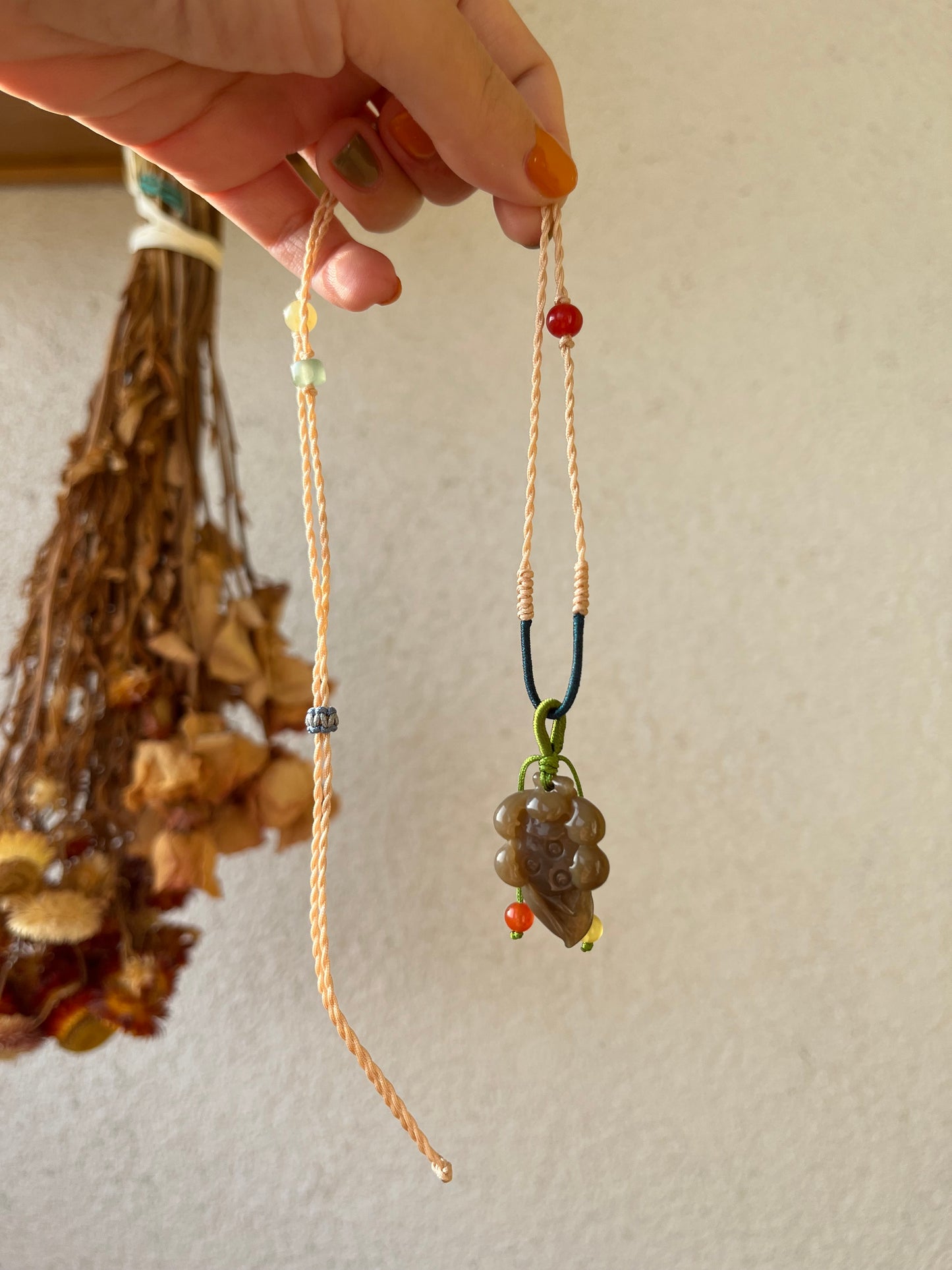 Handmade Necklace with a Hand Carved Brown Jade Lotus, 手编和田玉小荷花项链