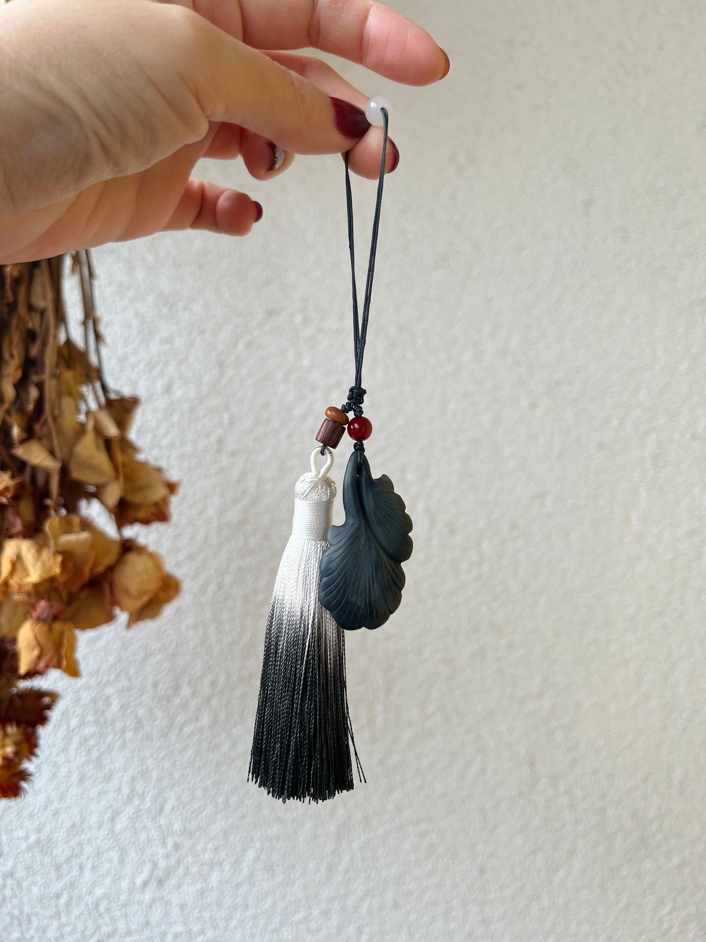 Handmade Bag Charm with a Hand Carved Qinghua Jade Ginkgo Biloba Pendant, 手雕和田青花银杏叶包挂