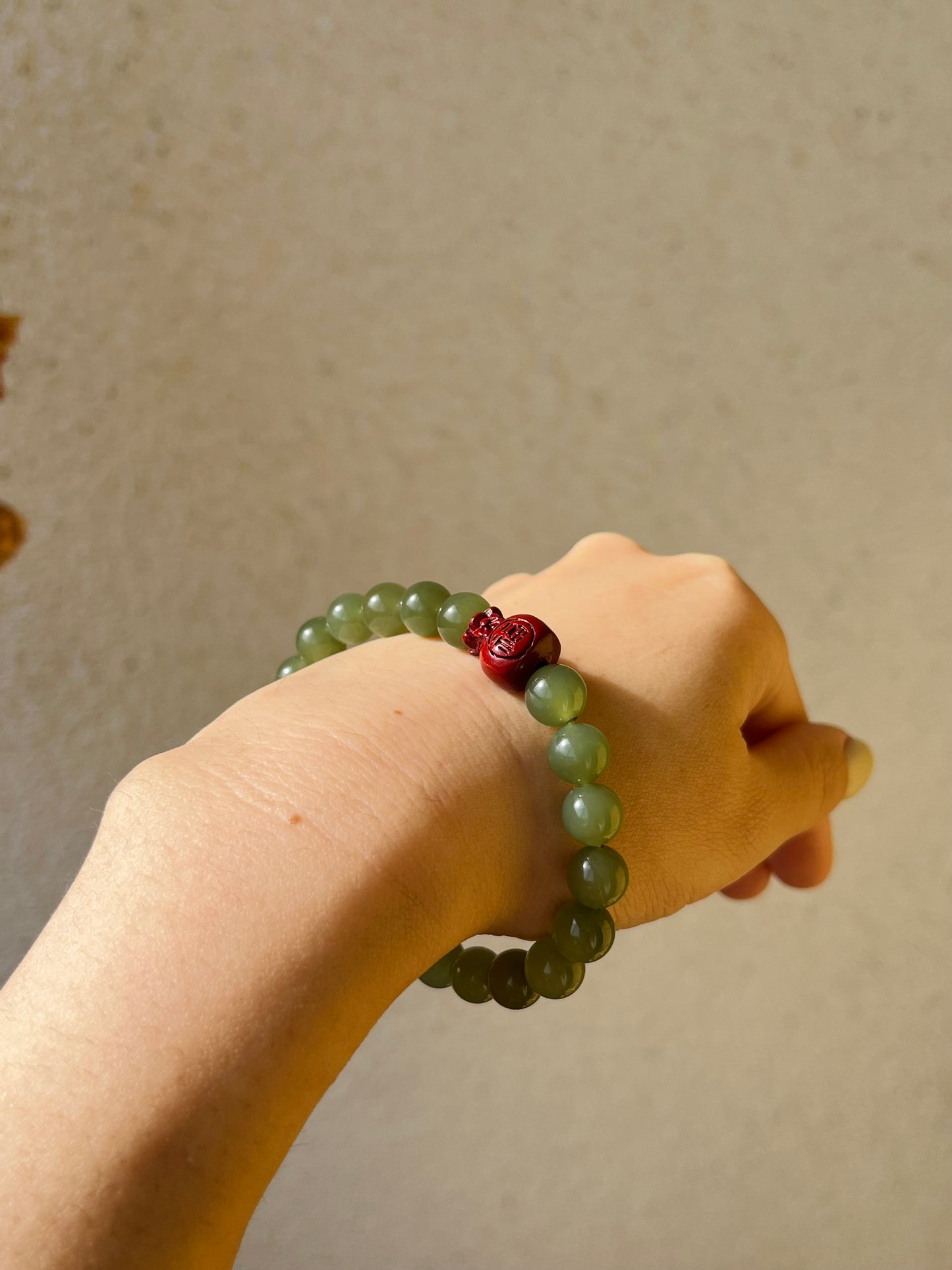 Bracelet with 8mm Icy Green Jade Beads and a Cinnabar Lucky Bag, 和田冰湖水绿珠加朱砂福袋手串