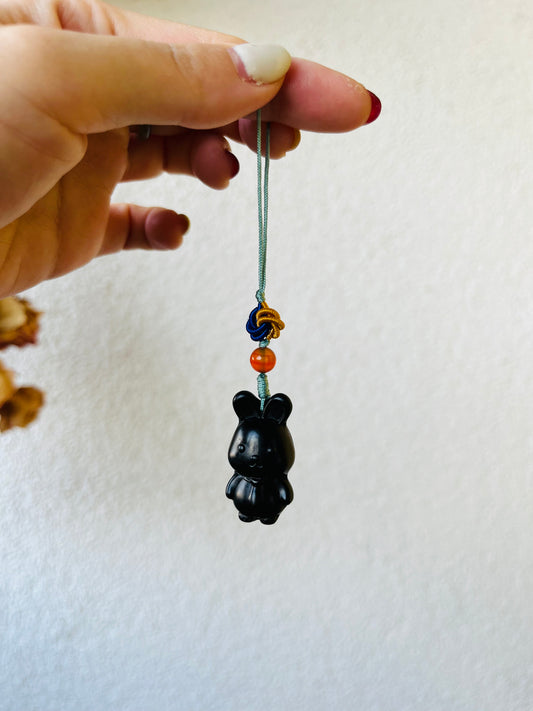 Handmade Phone Charm with a Carved Black Jade Rabbit