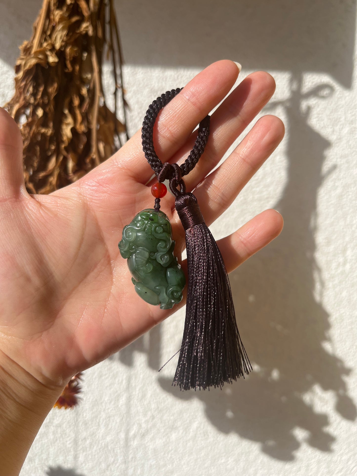 Handmade Bag Charm with a Carved Green Jade Pixiu, 碧玉貔貅包挂