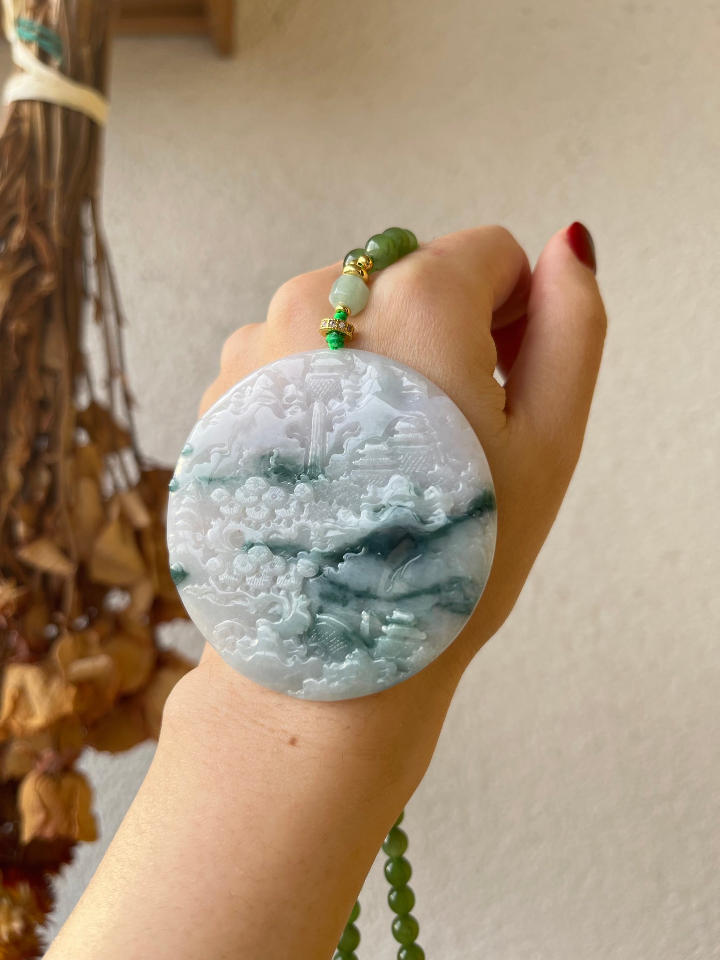 Hand Carved White and Green Jadeite Landscape Pendant, 手雕翡翠山水