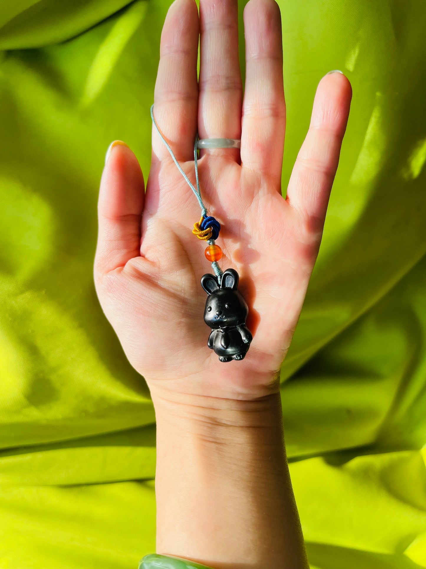 Handmade Phone Charm with a Carved Black Jade Rabbit