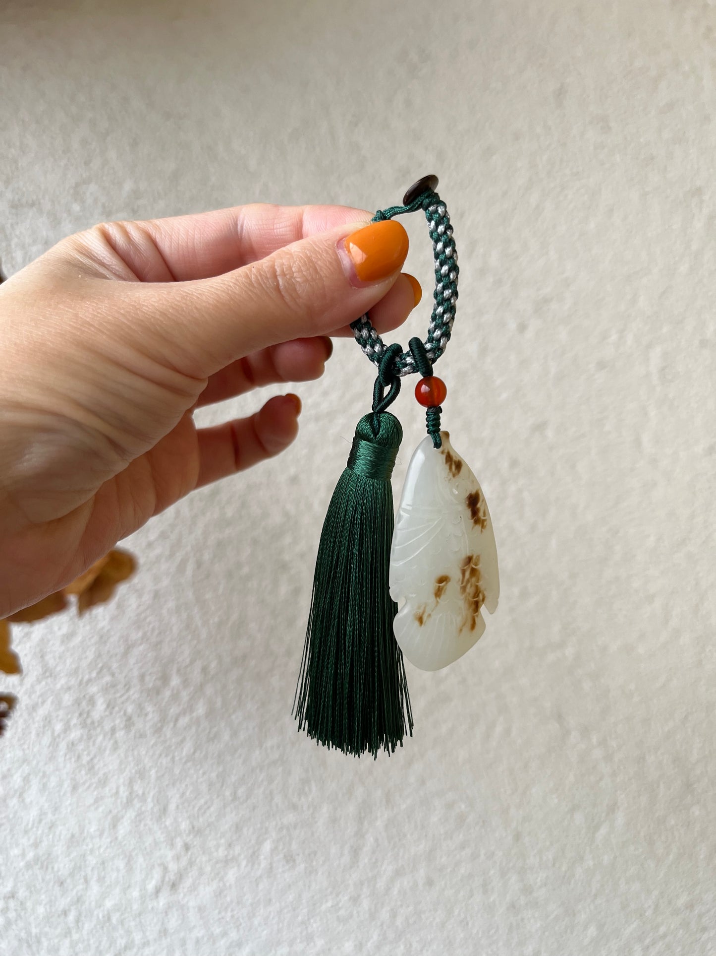 Handmade Bag charm with a Hand Carved Jade Fish, 手雕白玉鱼包挂