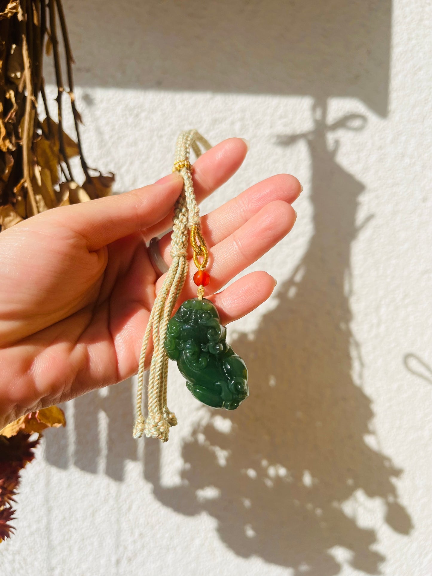 Handmade Bag Charm with a Carved Green Jade Pixiu, 碧玉貔貅包挂