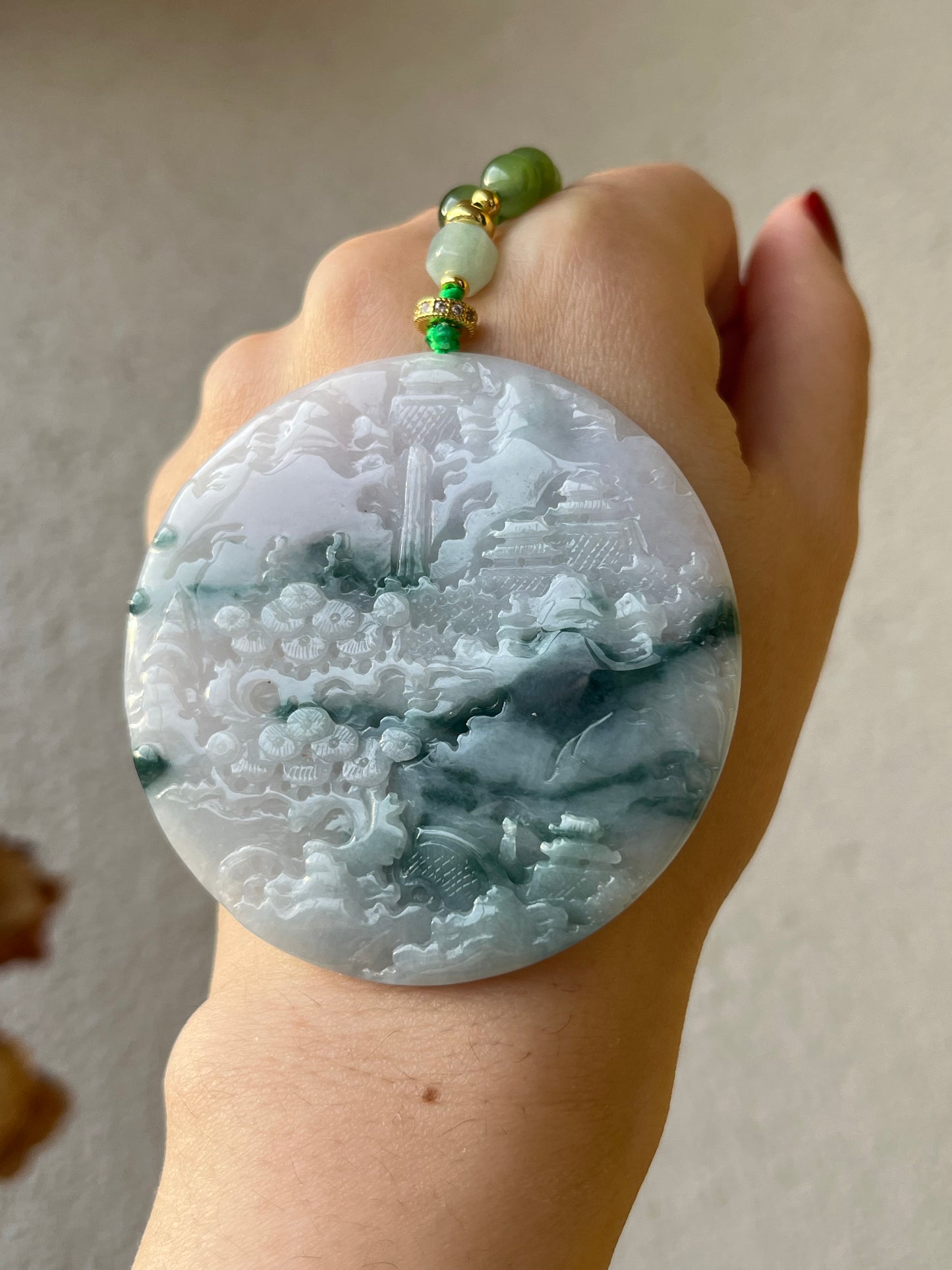 Hand Carved White and Green Jadeite Landscape Pendant, 手雕翡翠山水