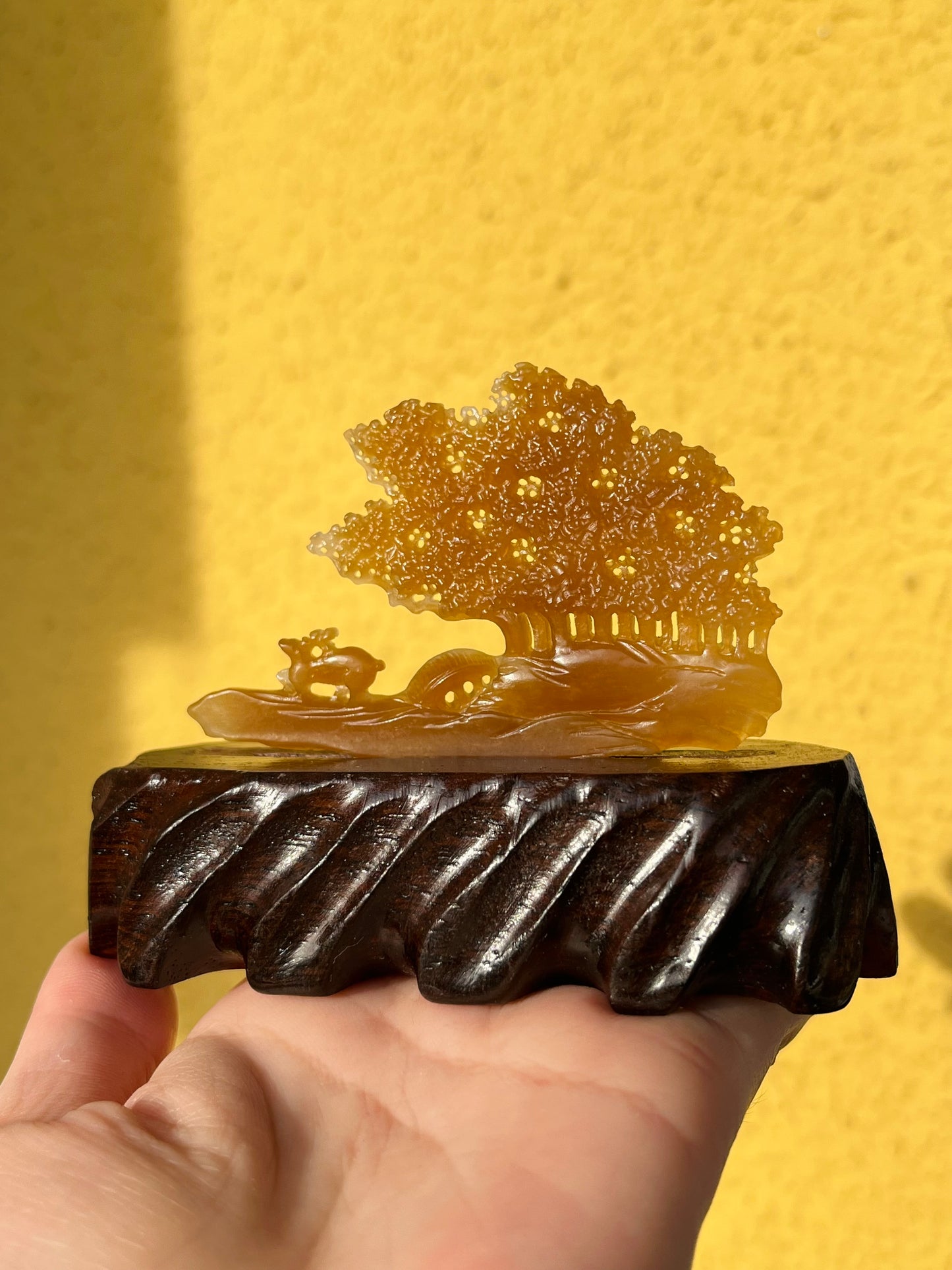 Hand Carved Brown Nephrite Deers and Tree Ornament, 手雕和田糖玉小鹿（一路有你）摆件