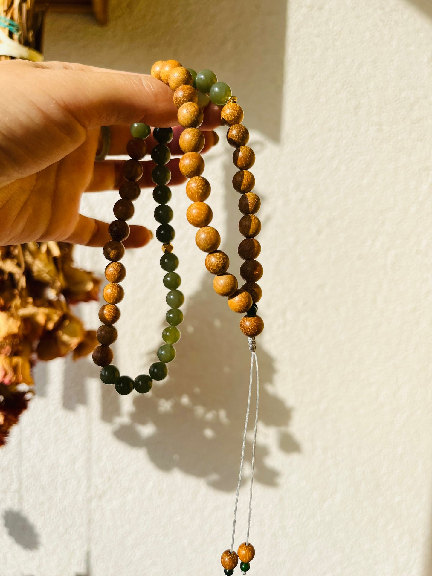 Handmade Necklace with 8mm Green Jade Beads and Bamboo Beads