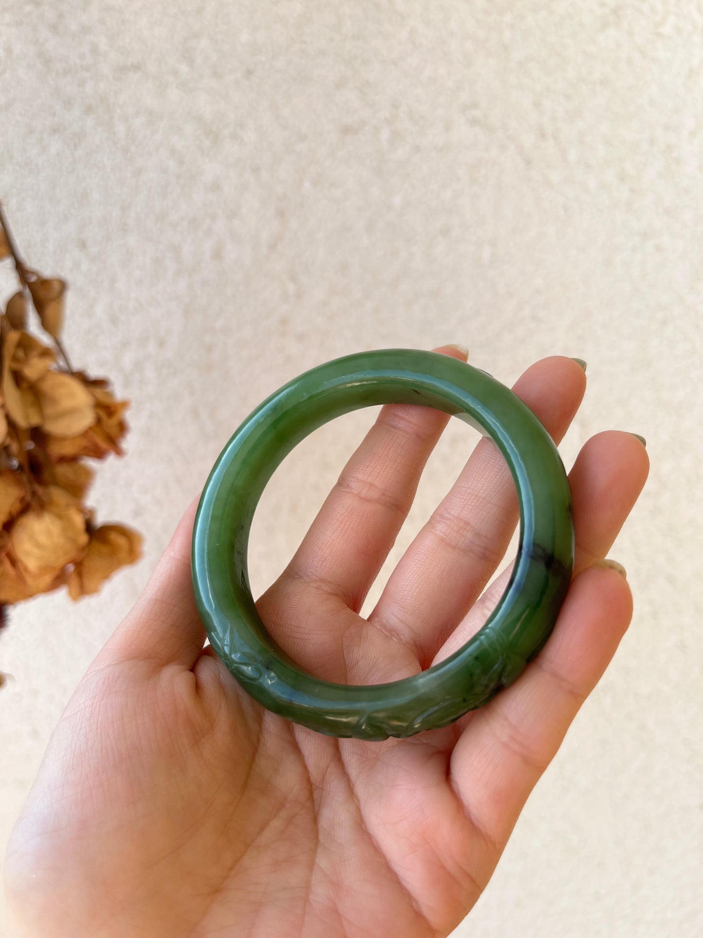 Carved Green Nephrite Jade Bangle 57mm