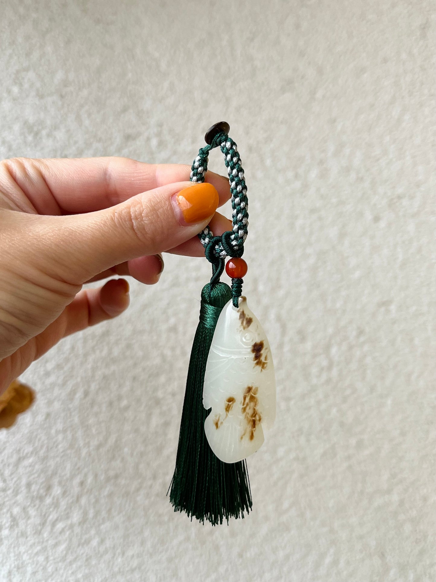 Handmade Bag charm with a Hand Carved Jade Fish, 手雕白玉鱼包挂