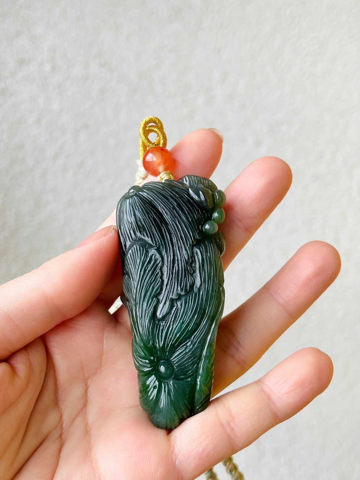 Hand Carved Green Nephrite Fish and Lotus Pendant, 手雕碧玉荷花鱼手把件