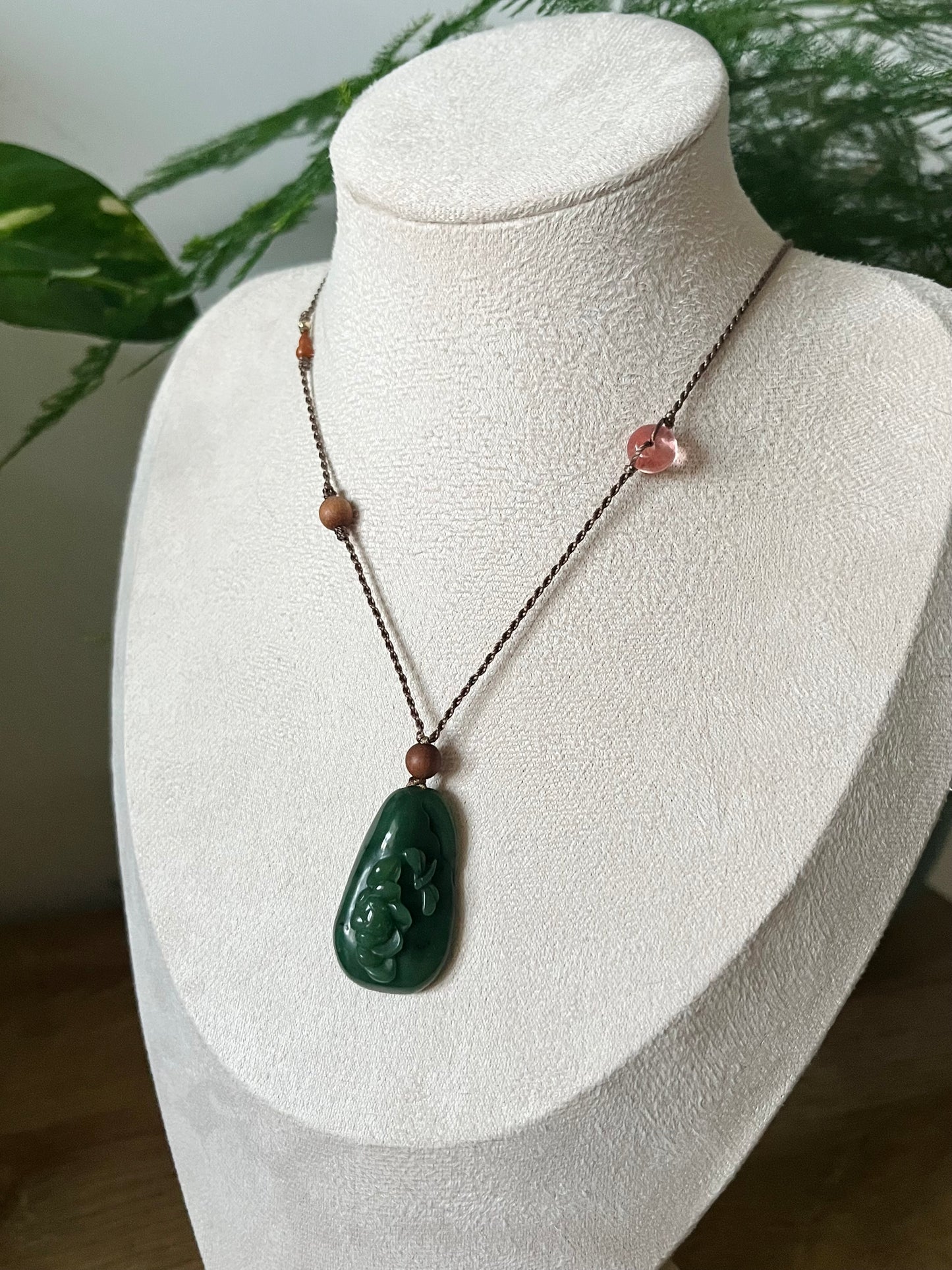 Handmade Necklace with a Hand Carved Green Jade Lotus and Dragonfly Pendant