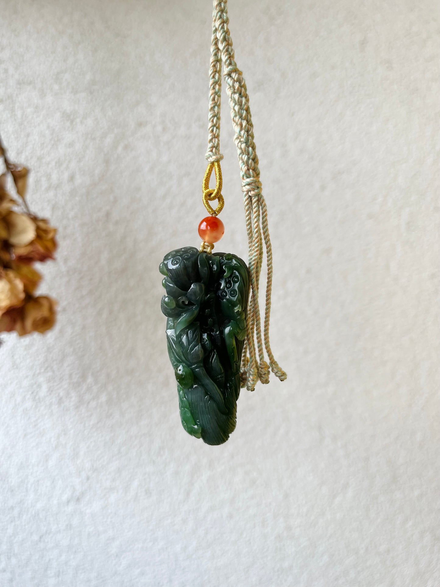 Hand Carved Green Nephrite Fish and Lotus Pendant, 手雕碧玉荷花鱼手把件