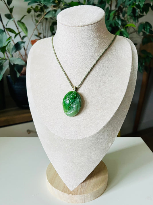 Hand carved Green Nephrite Fish and Lotus Flowers Pendant，和田碧玉荷花鱼吊坠