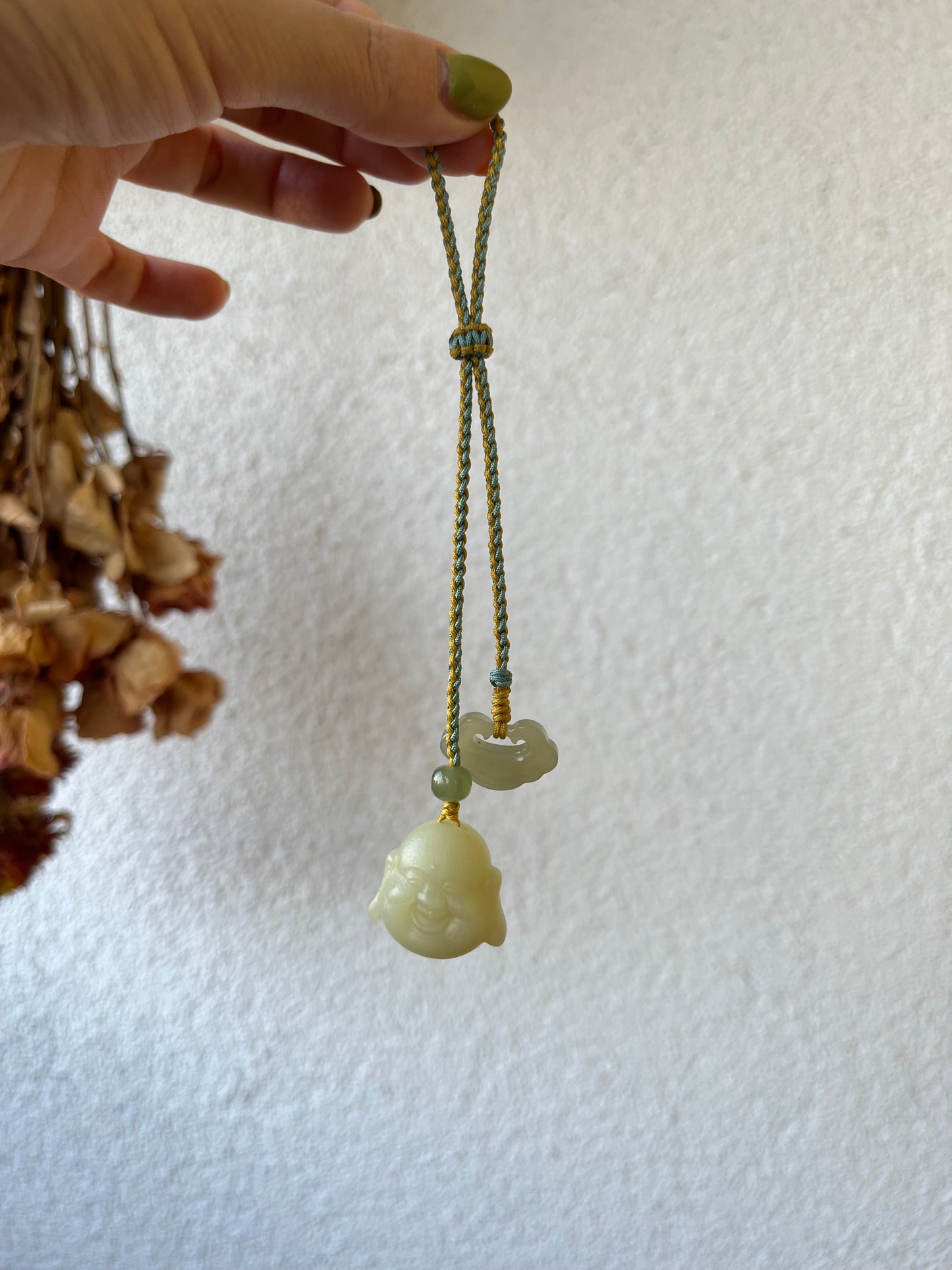 Handmade Jade Maitreya Buddha Bag Charm，黄玉佛公包挂