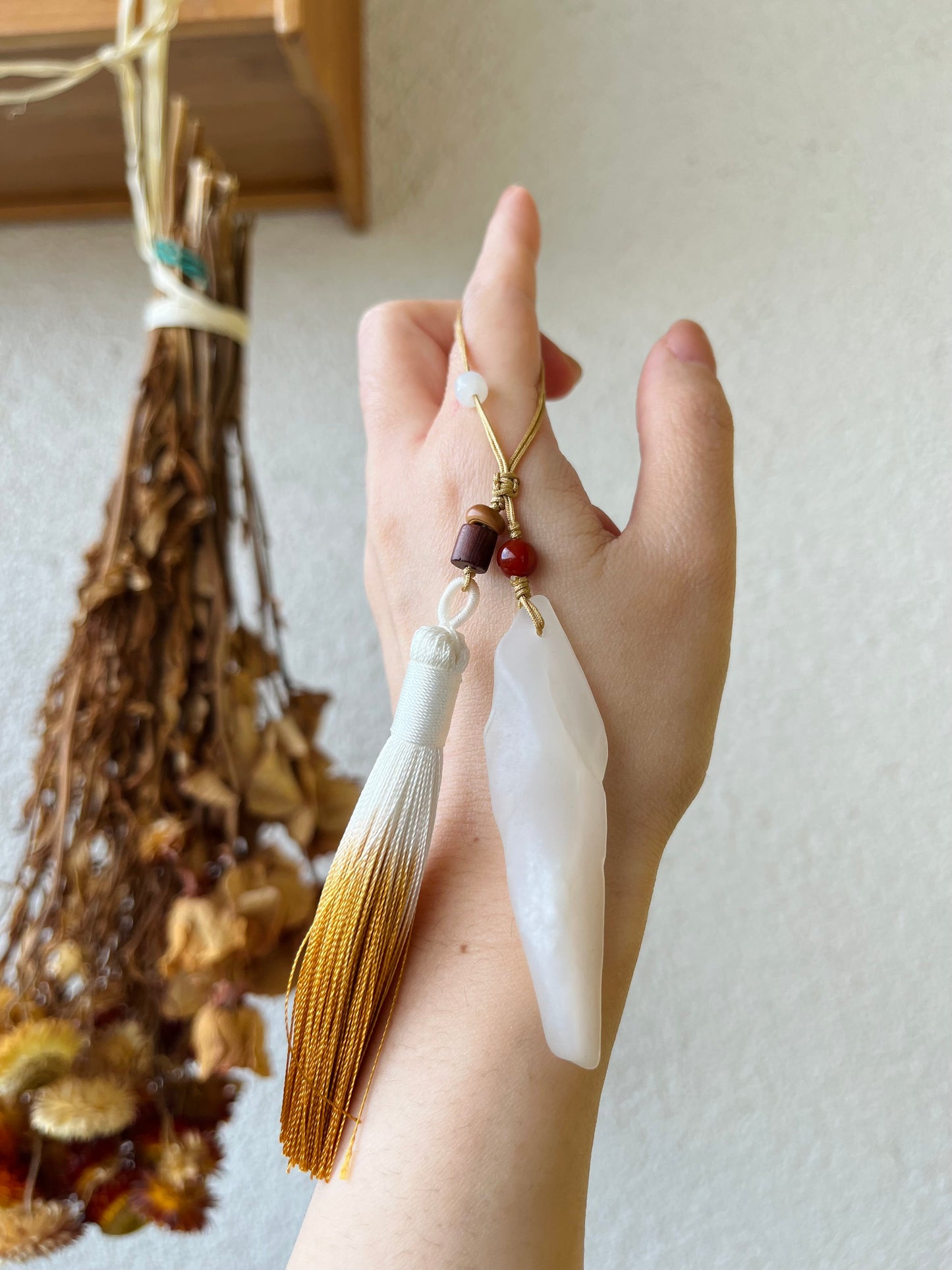 Handmade Bag Charm with a White Nephrite Jade Pendant, 和田白玉包挂