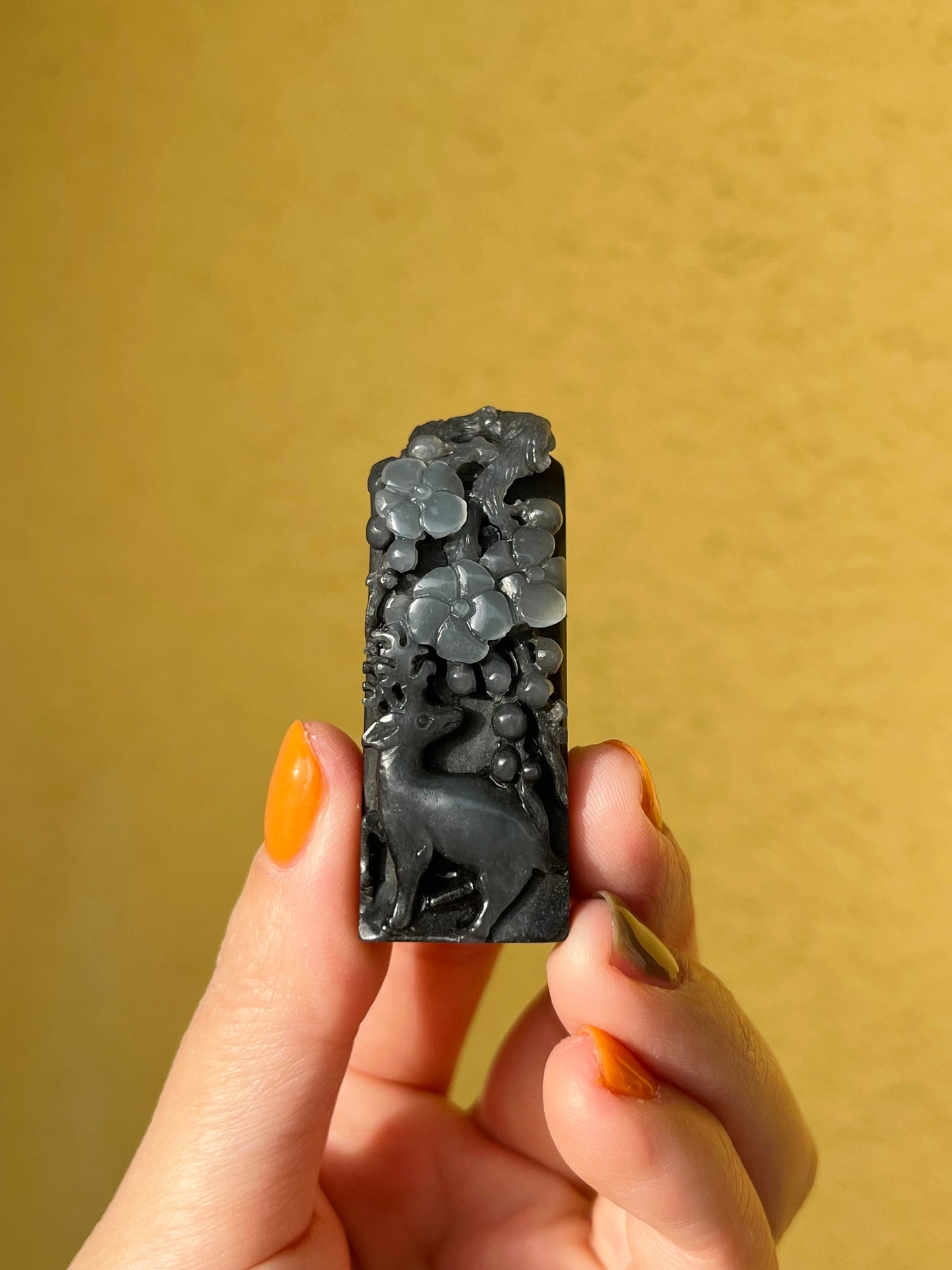 Hand Carved Black Jade Deer and Plum Blossoms, 手雕青花籽料梅花鹿