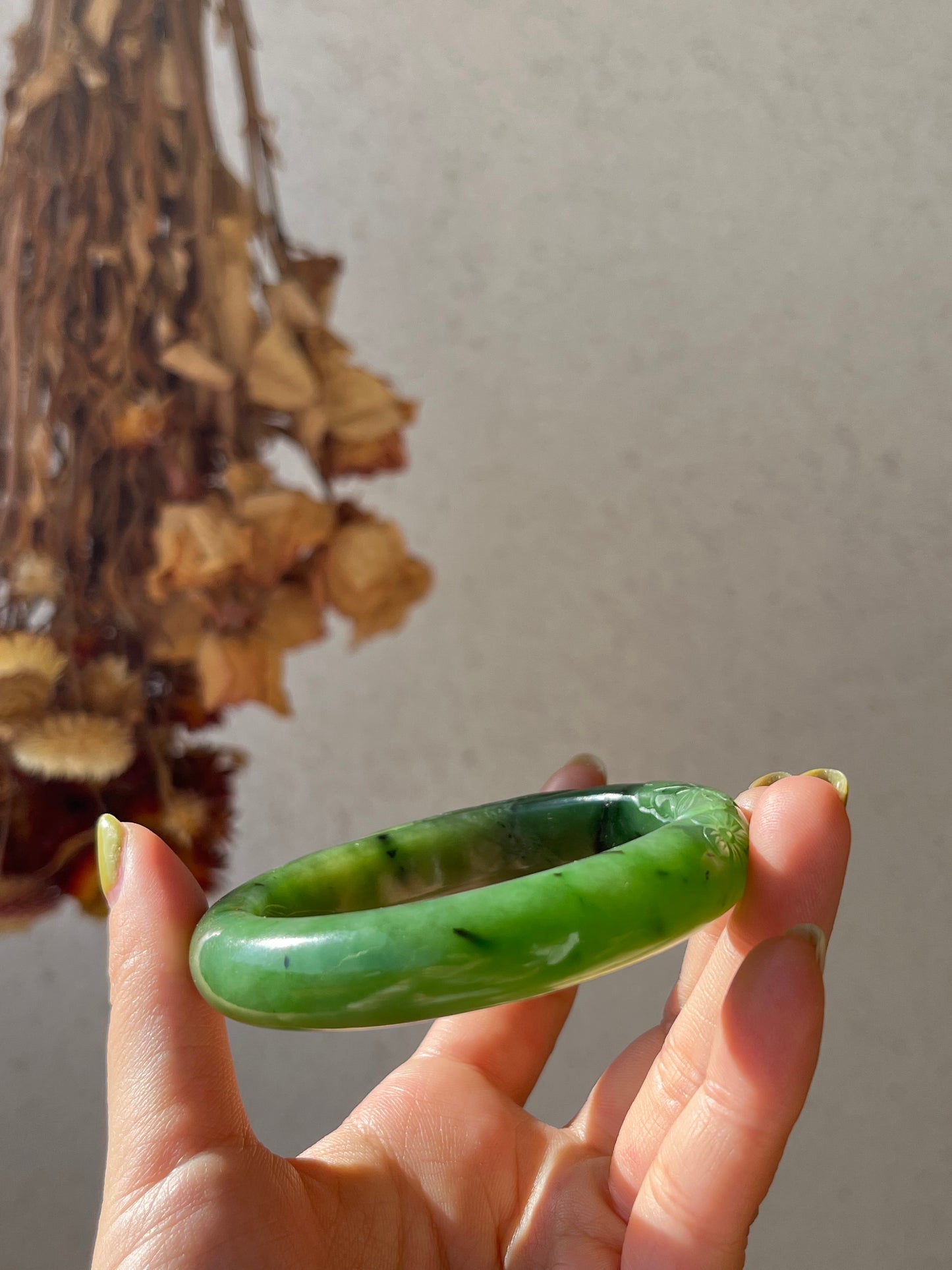 Carved Green Nephrite Jade Bangle 57mm