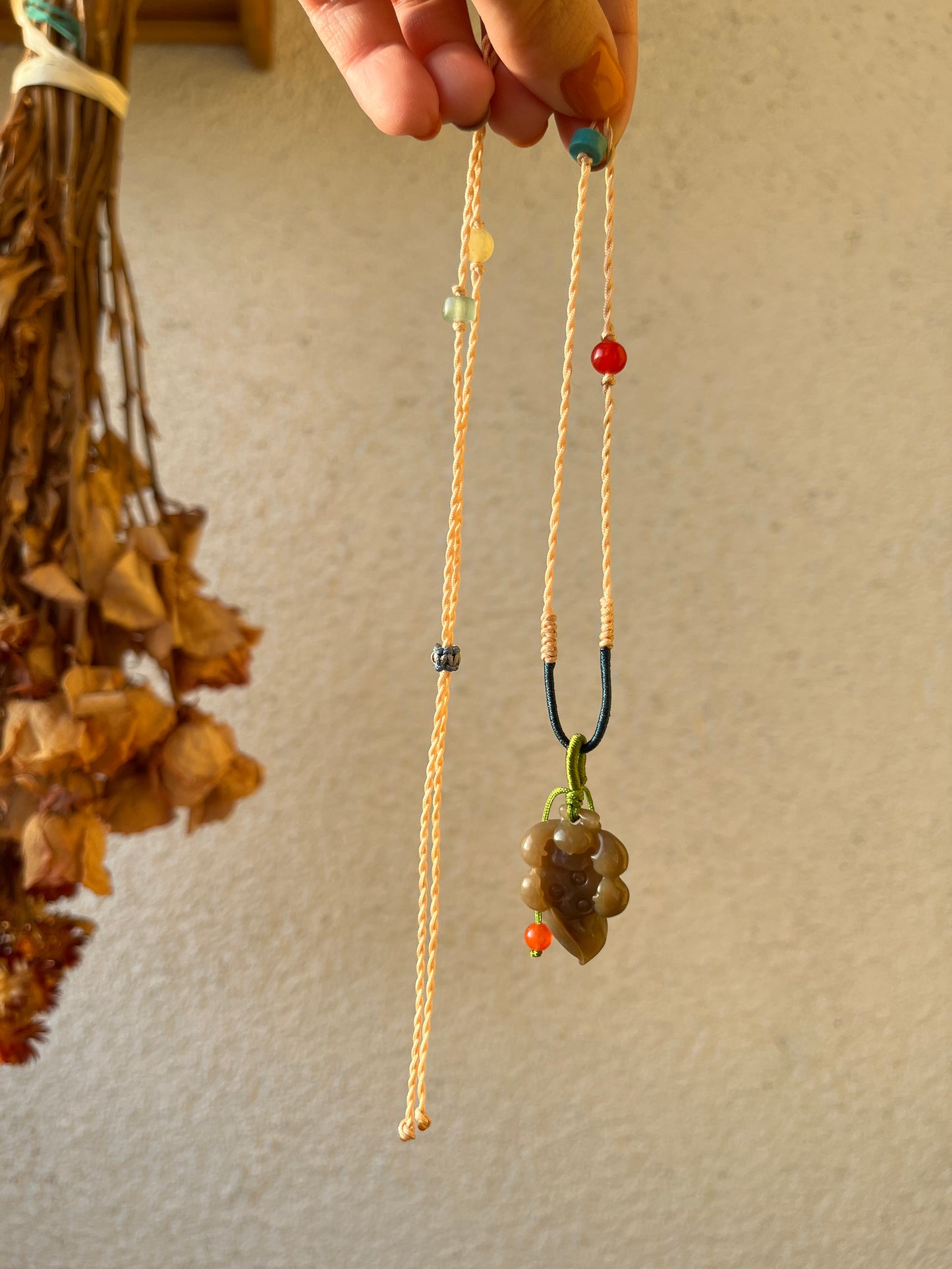 Handmade Necklace with a Hand Carved Brown Jade Lotus, 手编和田玉小荷花项链