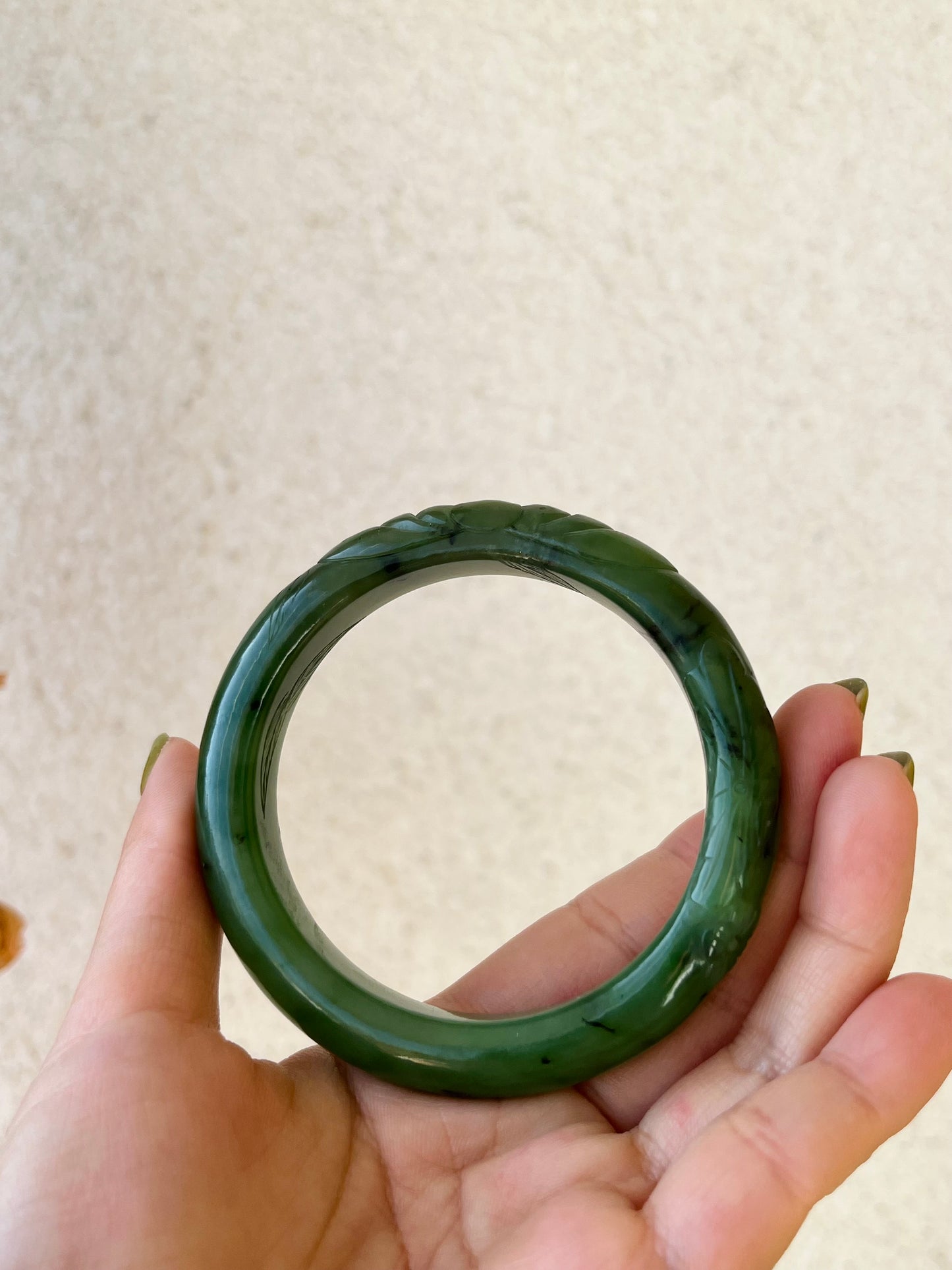 Carved Green Nephrite Jade Bangle 57mm