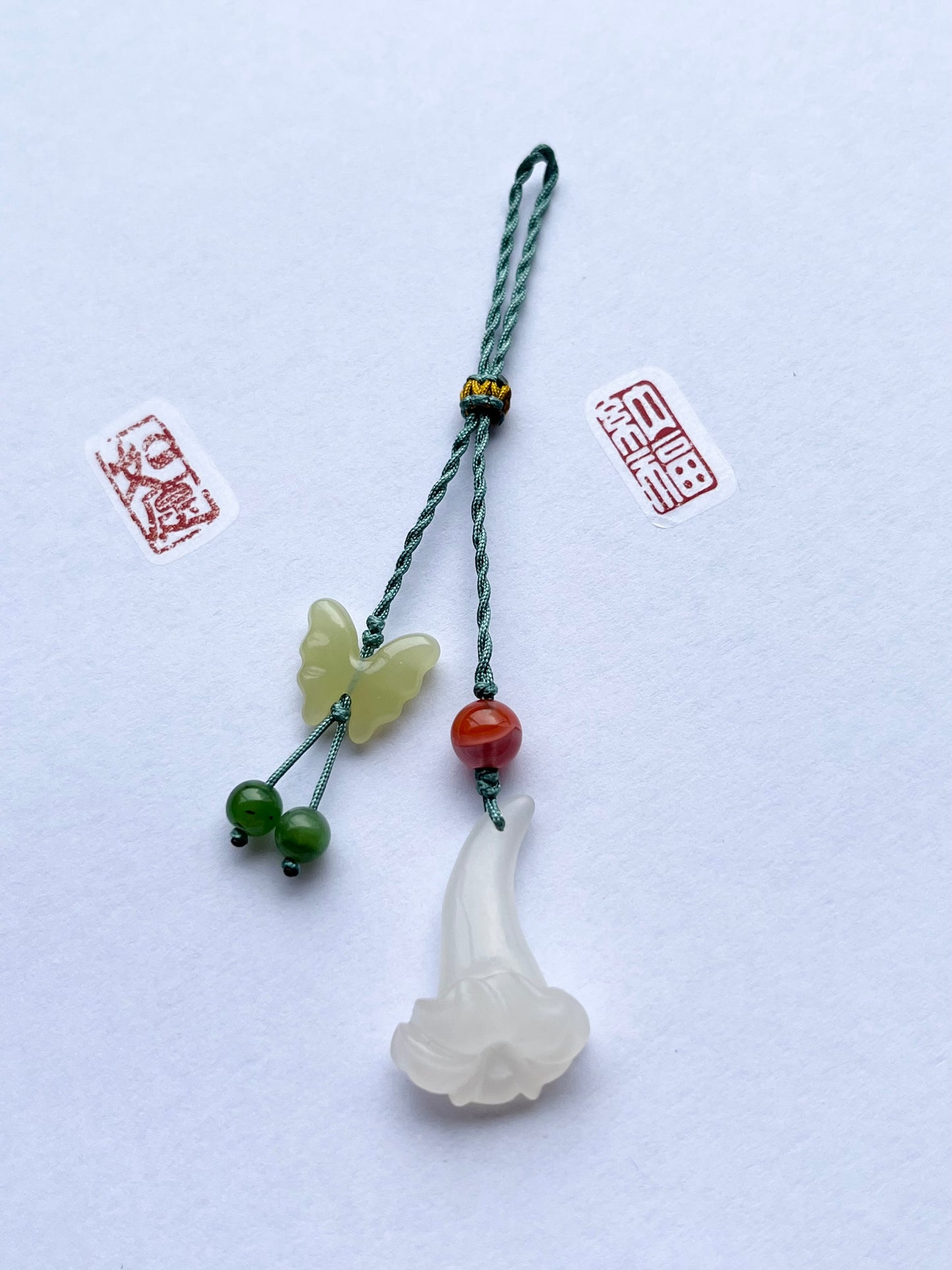 Handmade Phone Charm with a Hand Carved Jade Trumpet Flower and Butterfly