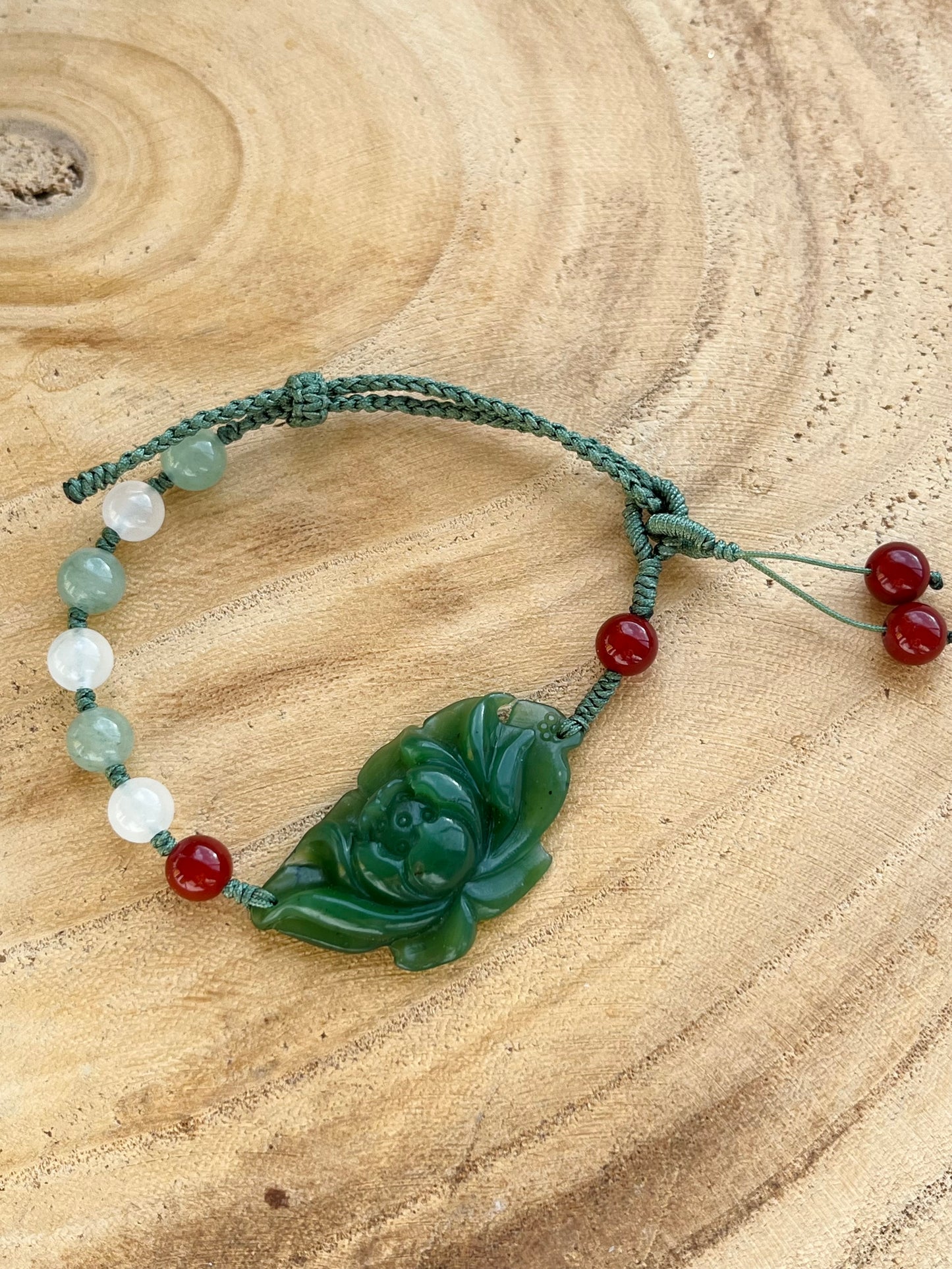 Handwoven Bracelet with a Handcarved Green Jade Lotus Flower, 手编和田碧玉莲花手牌