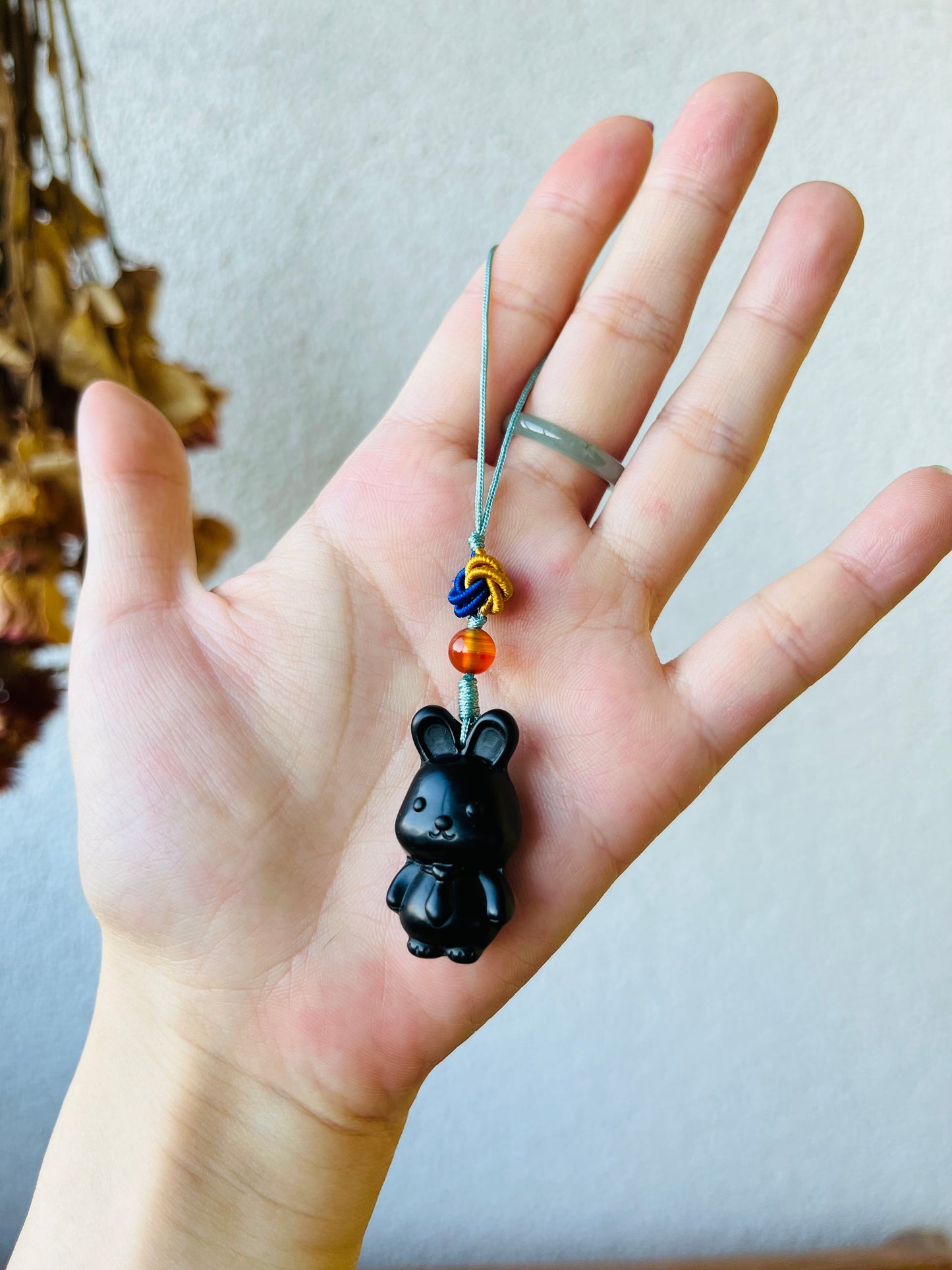 Handmade Phone Charm with a Carved Black Jade Rabbit