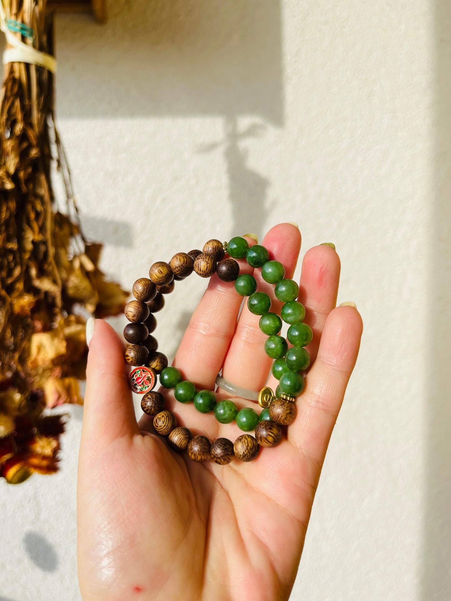 Handmade Double Loop Bracelet with 8mm Jade Beads and Sandalwood beads