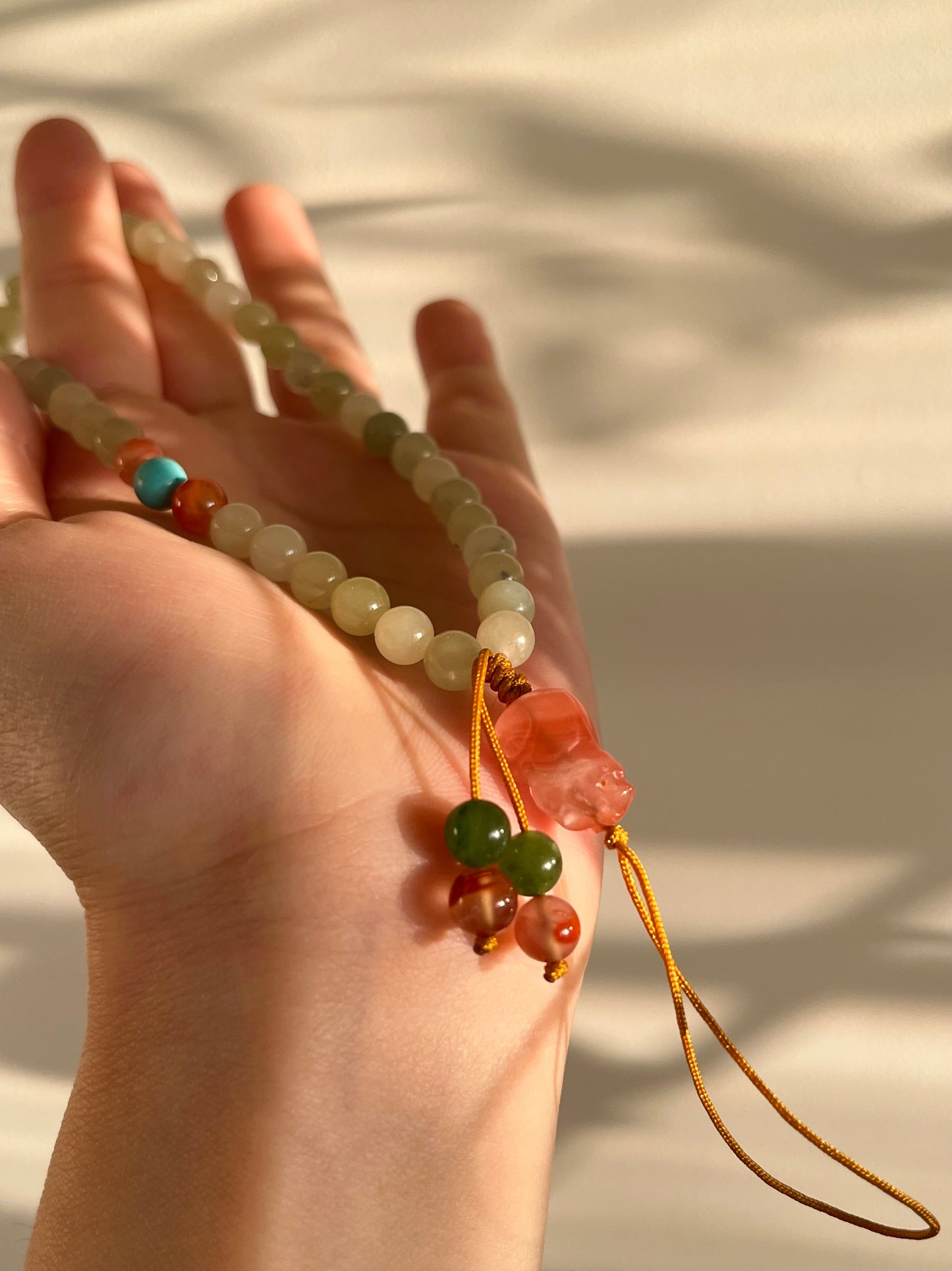 Handmade Jade Beaded with Agate Pixiu Phone Strap，手编和田玉南红貔貅手机链