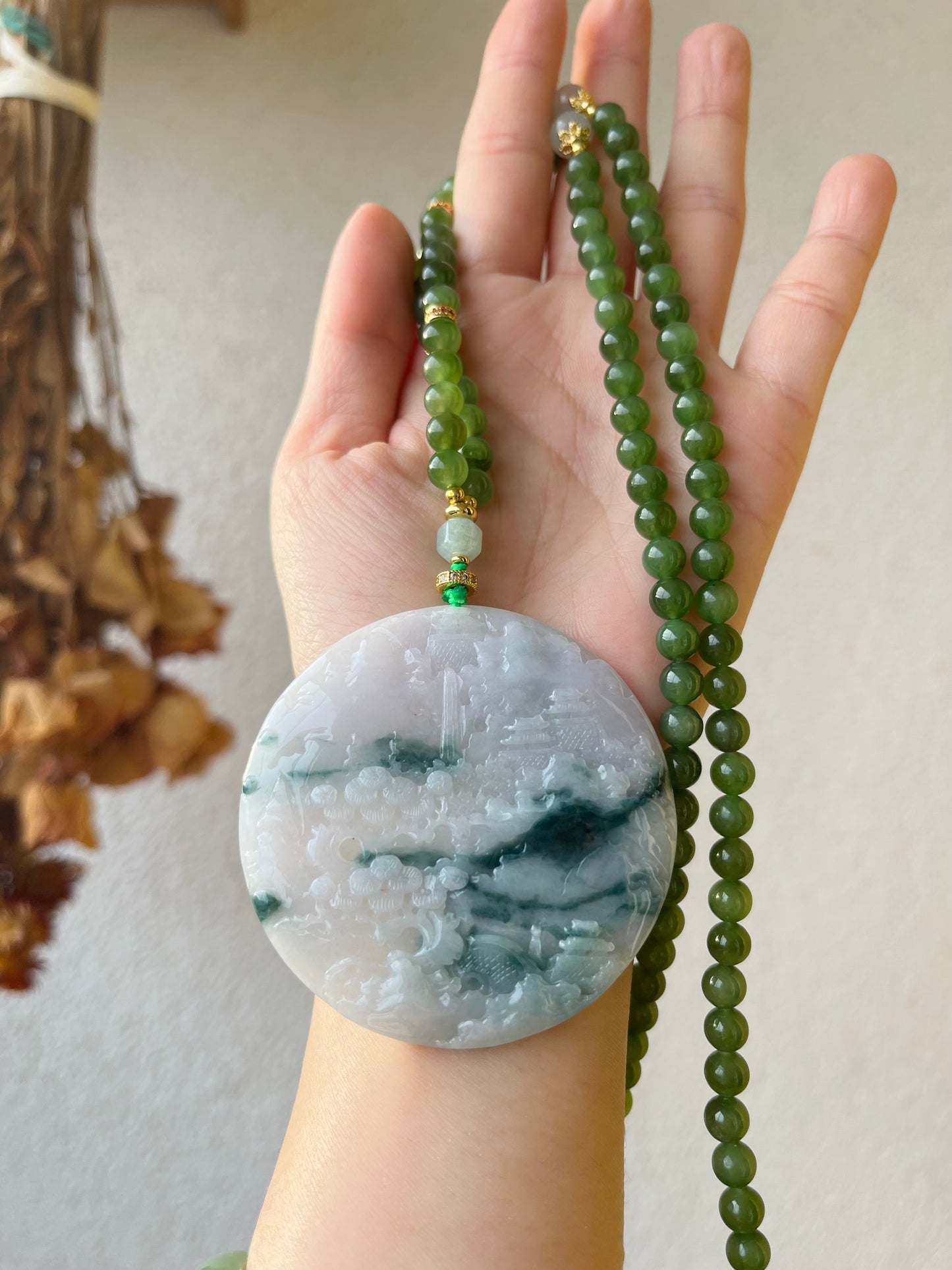 Hand Carved White and Green Jadeite Landscape Pendant, 手雕翡翠山水