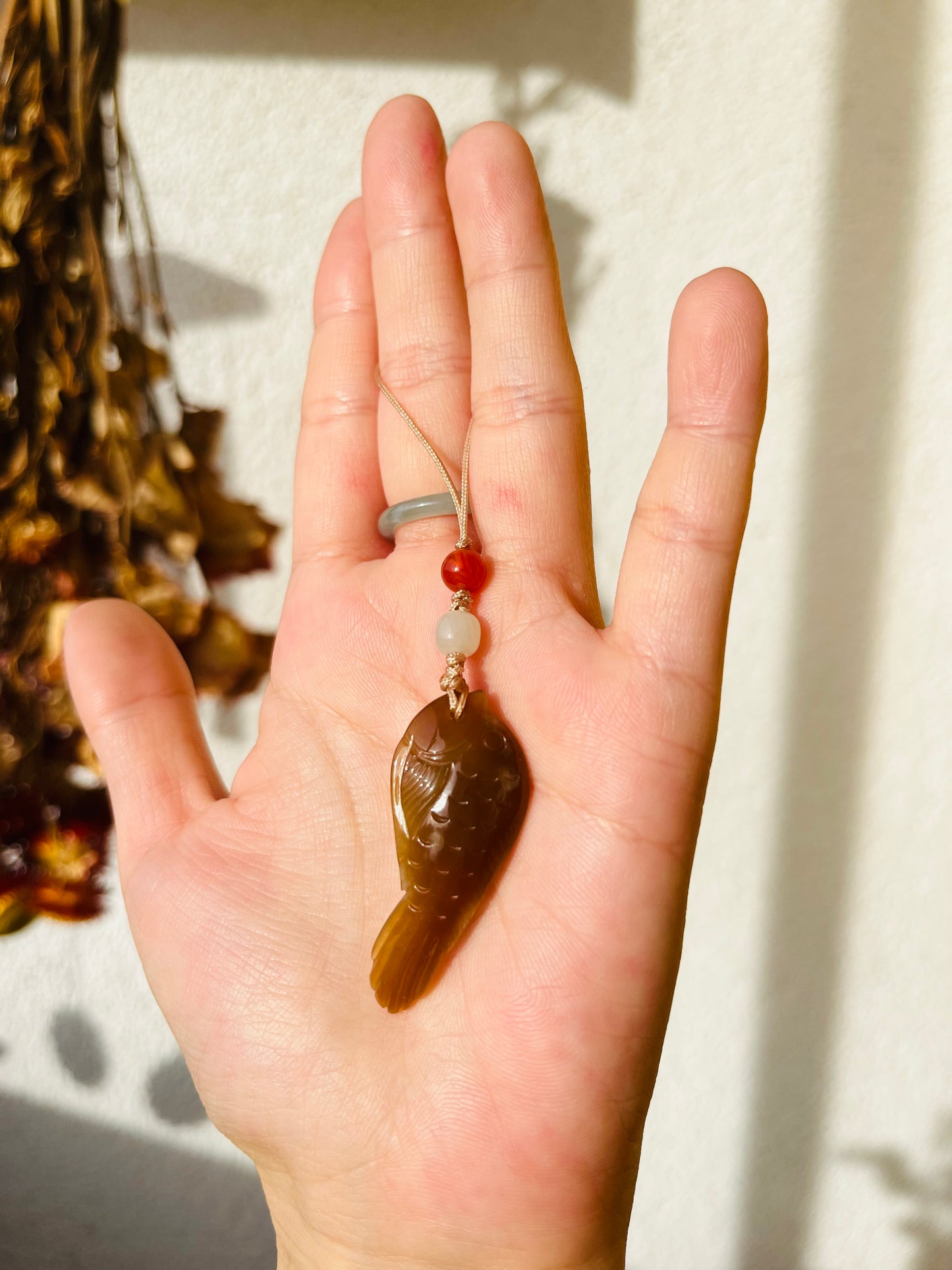 Hand Carved Brown Jade Fish Phone Charm