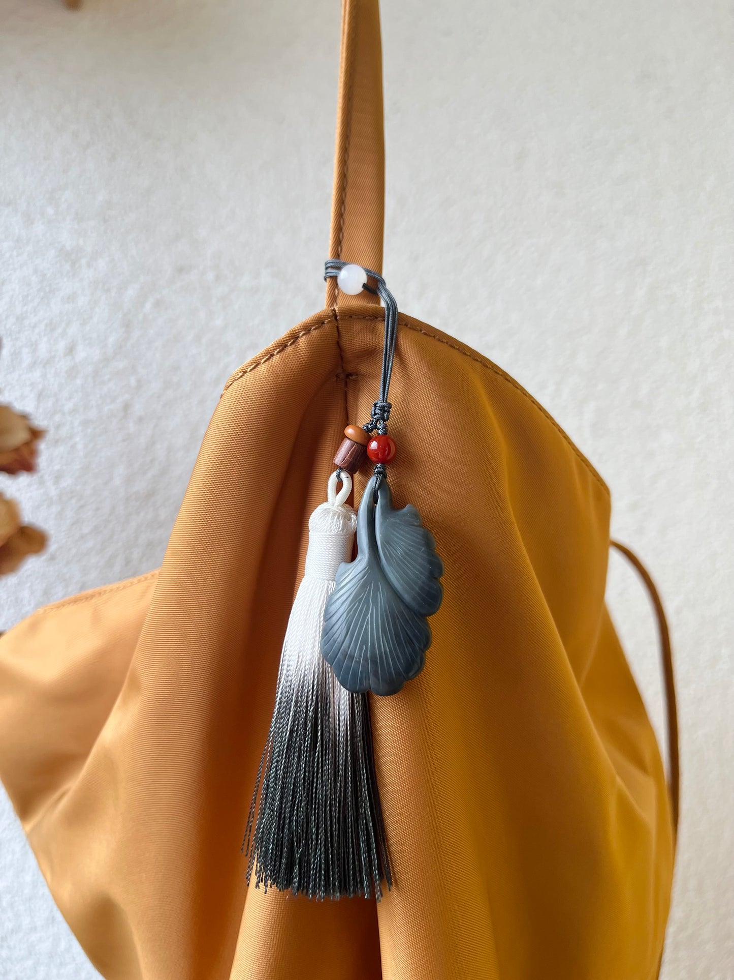 Handmade Bag Charm with a Hand Carved Qinghua Jade Ginkgo Biloba Pendant, 手雕和田青花银杏叶包挂