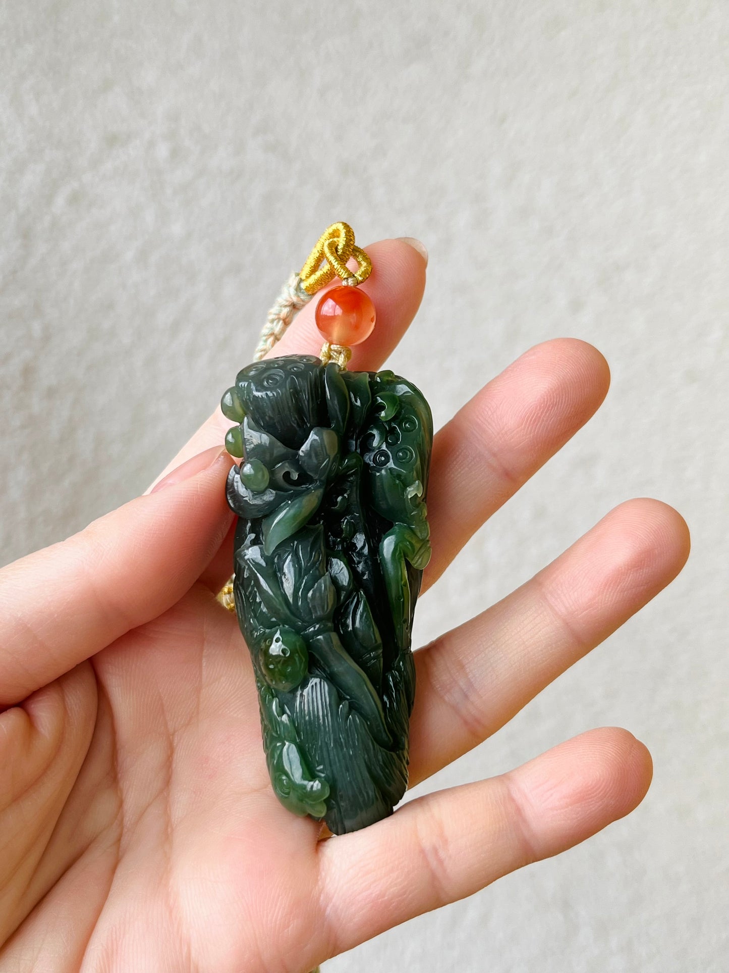 Hand Carved Green Nephrite Fish and Lotus Pendant, 手雕碧玉荷花鱼手把件