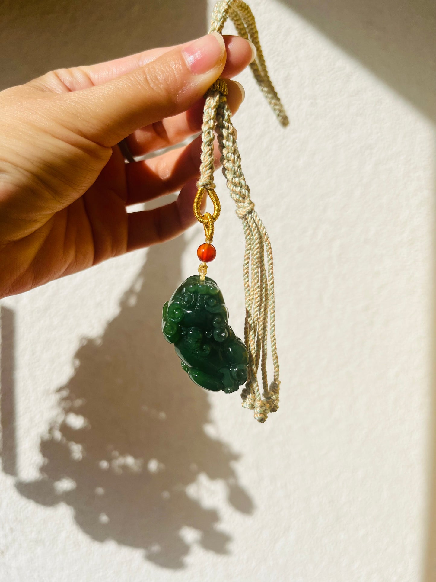 Handmade Bag Charm with a Carved Green Jade Pixiu, 碧玉貔貅包挂