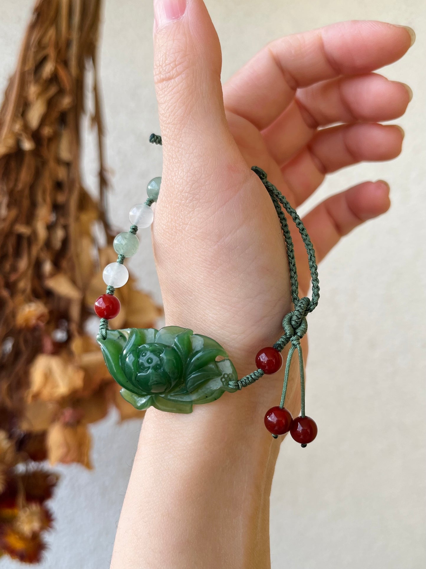 Handwoven Bracelet with a Handcarved Green Jade Lotus Flower, 手编和田碧玉莲花手牌