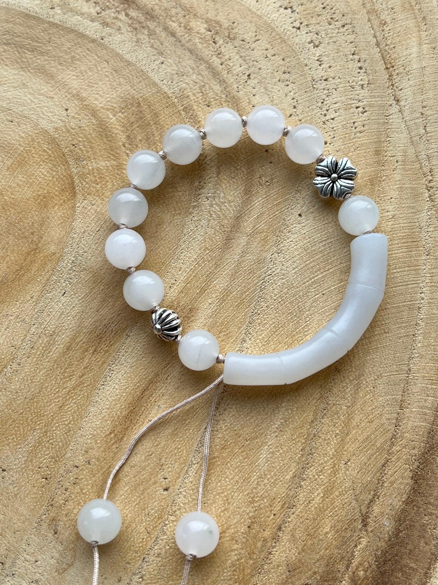 Handmade Bracelet with a Hand Carved White Jade Bamboo