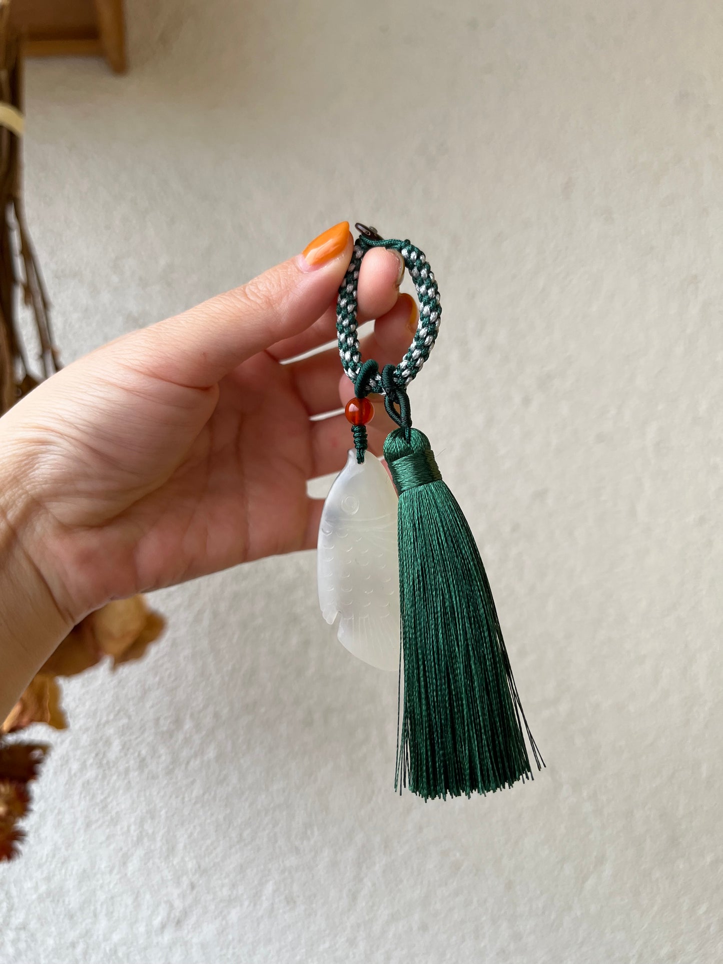 Handmade Bag charm with a Hand Carved Jade Fish, 手雕白玉鱼包挂