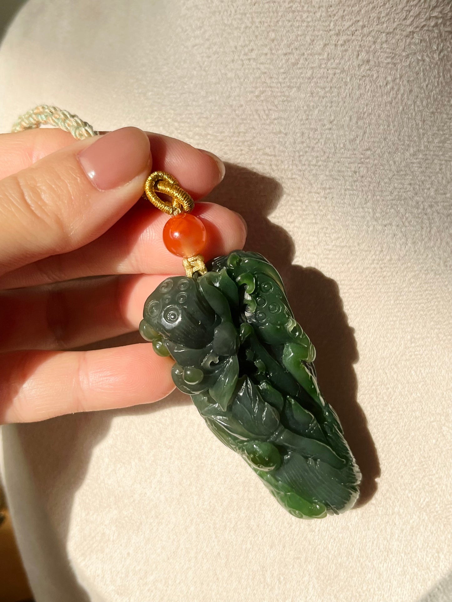 Hand Carved Green Nephrite Fish and Lotus Pendant, 手雕碧玉荷花鱼手把件