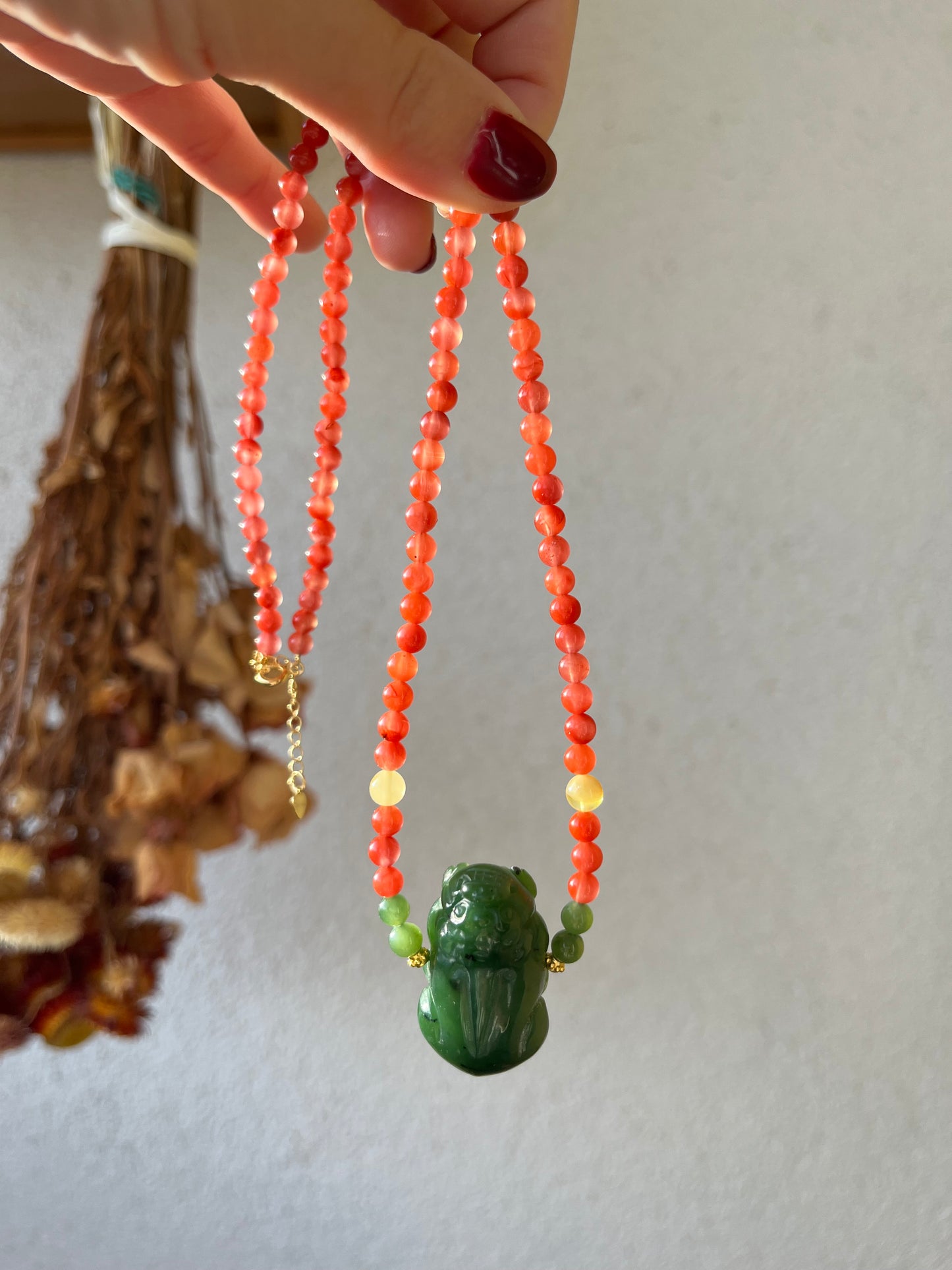 Handmade Necklace with a Carved Green Jade Pixiu and Nanhong Agate Beads