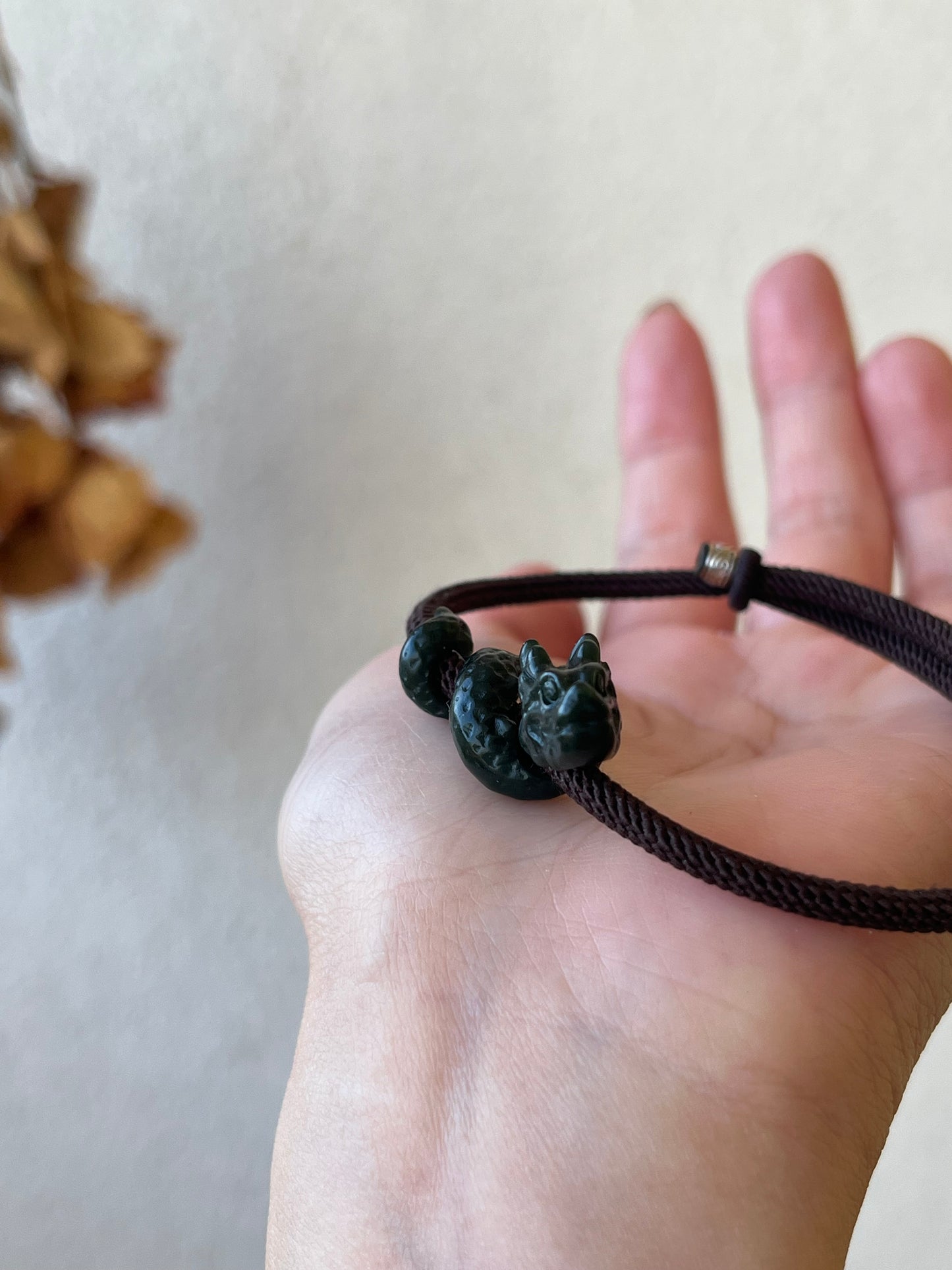 Hand Carved Dark Cyan Jade Chinese Dragon Pendant Bracelet, 手雕青玉盘龙手绳