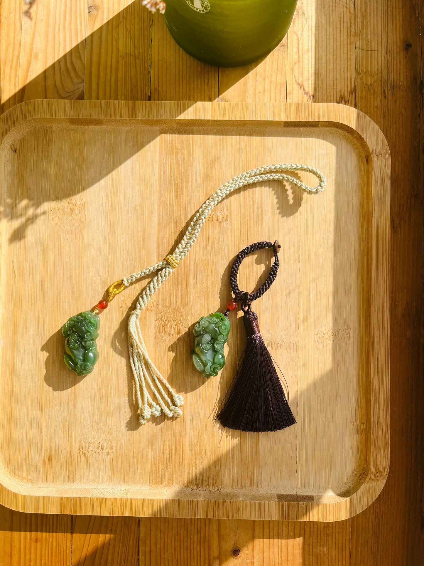 Handmade Bag Charm with a Carved Green Jade Pixiu, 碧玉貔貅包挂