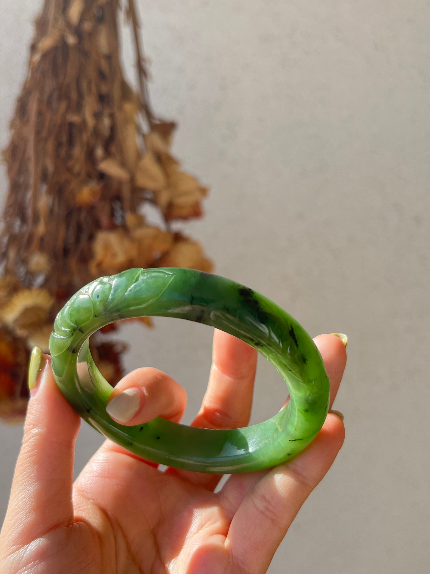 Carved Green Nephrite Jade Bangle 57mm