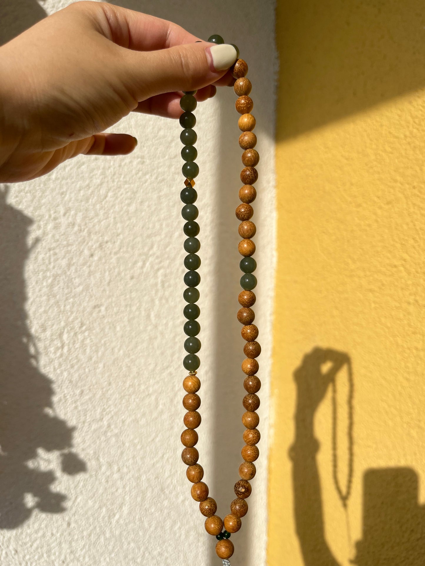 Handmade Necklace with 8mm Green Jade Beads and Bamboo Beads