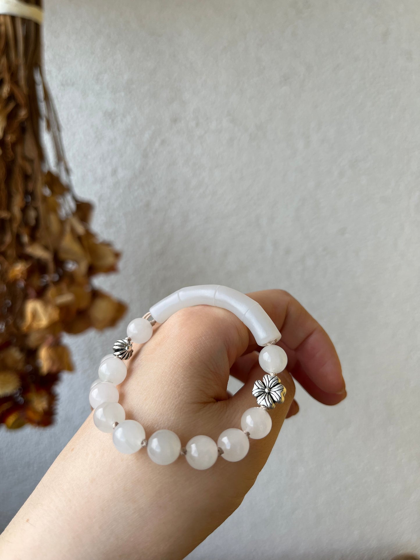 Handmade Bracelet with a Hand Carved White Jade Bamboo