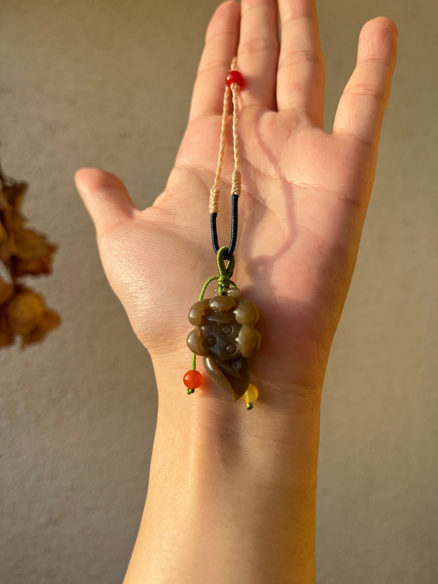 Handmade Necklace with a Hand Carved Brown Jade Lotus, 手编和田玉小荷花项链