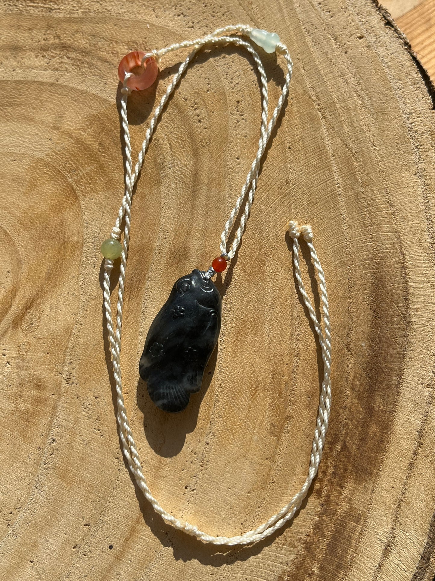 Handmade Necklace with a Hand Carved Black Jade (Qinghua) Fish Pendant and a Hand woven Cord, 手雕和田青花鱼吊坠