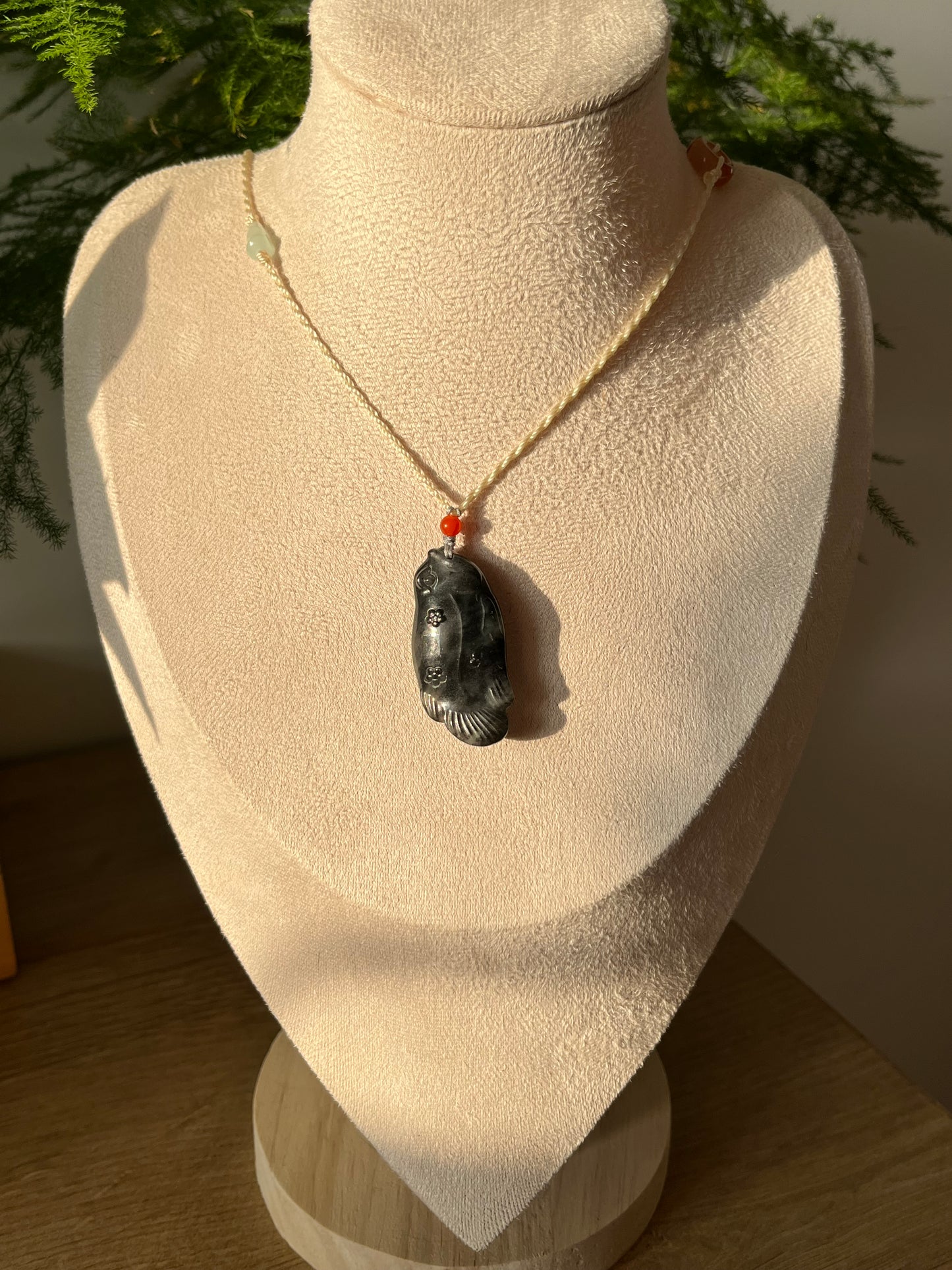 Handmade Necklace with a Hand Carved Black Jade (Qinghua) Fish Pendant and a Hand woven Cord, 手雕和田青花鱼吊坠