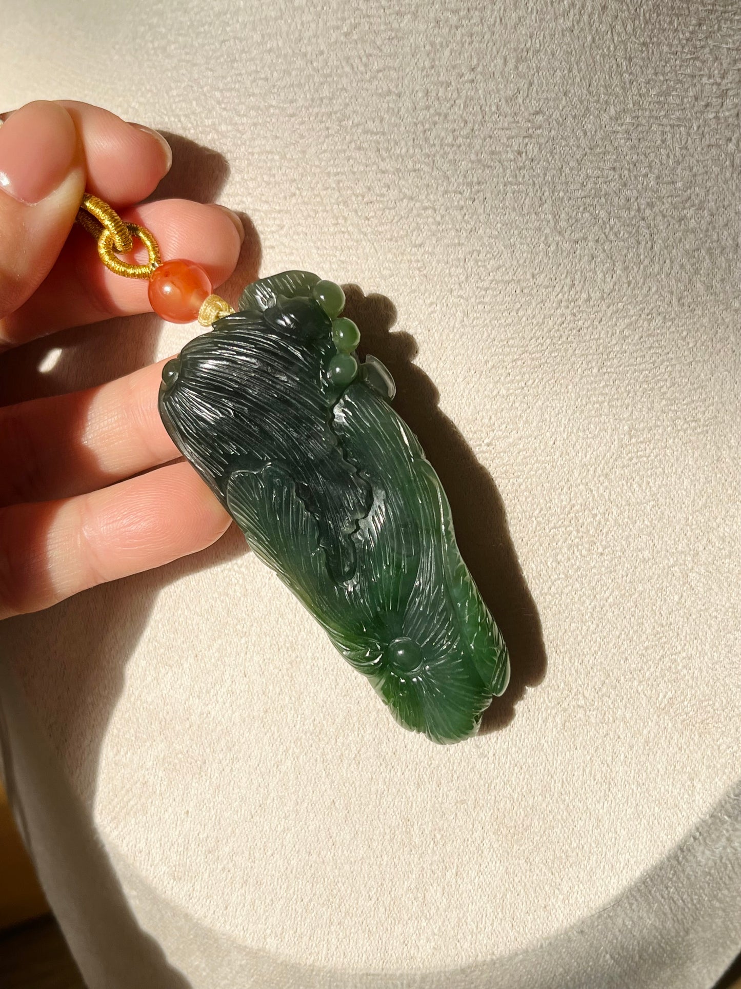 Hand Carved Green Nephrite Fish and Lotus Pendant, 手雕碧玉荷花鱼手把件