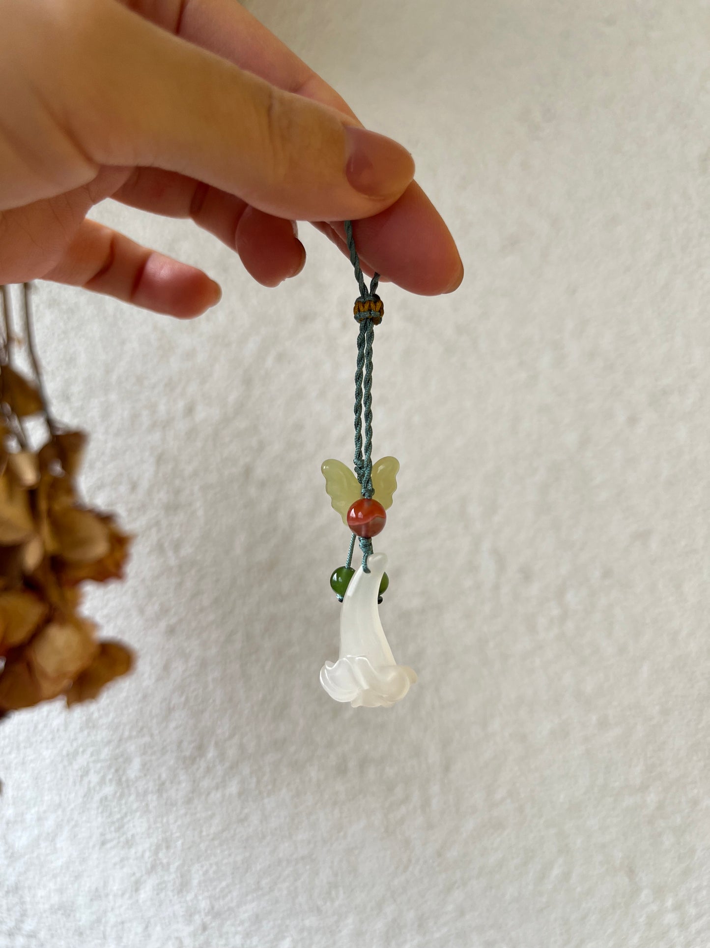 Handmade Phone Charm with a Hand Carved Jade Trumpet Flower and Butterfly