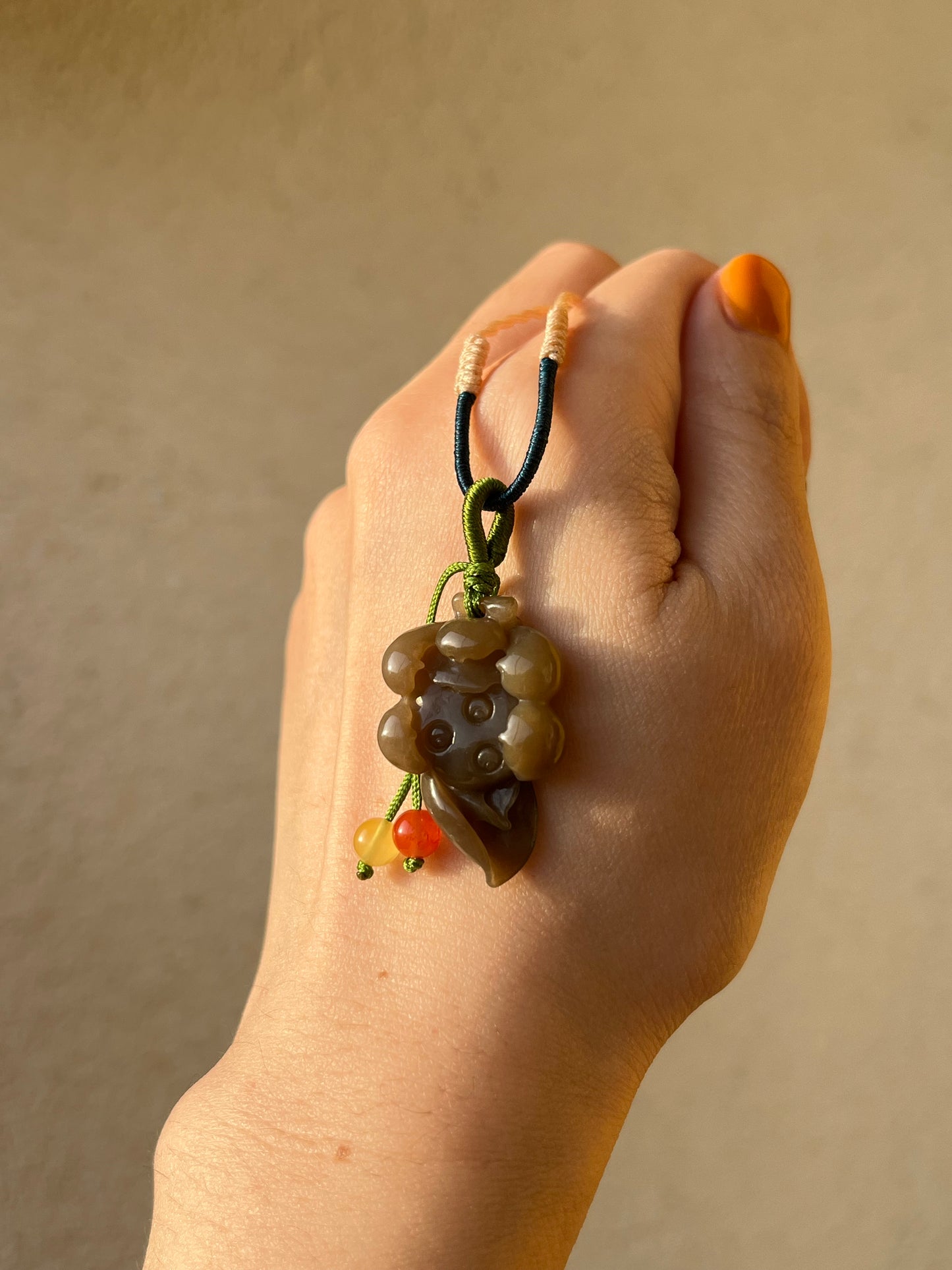 Handmade Necklace with a Hand Carved Brown Jade Lotus, 手编和田玉小荷花项链